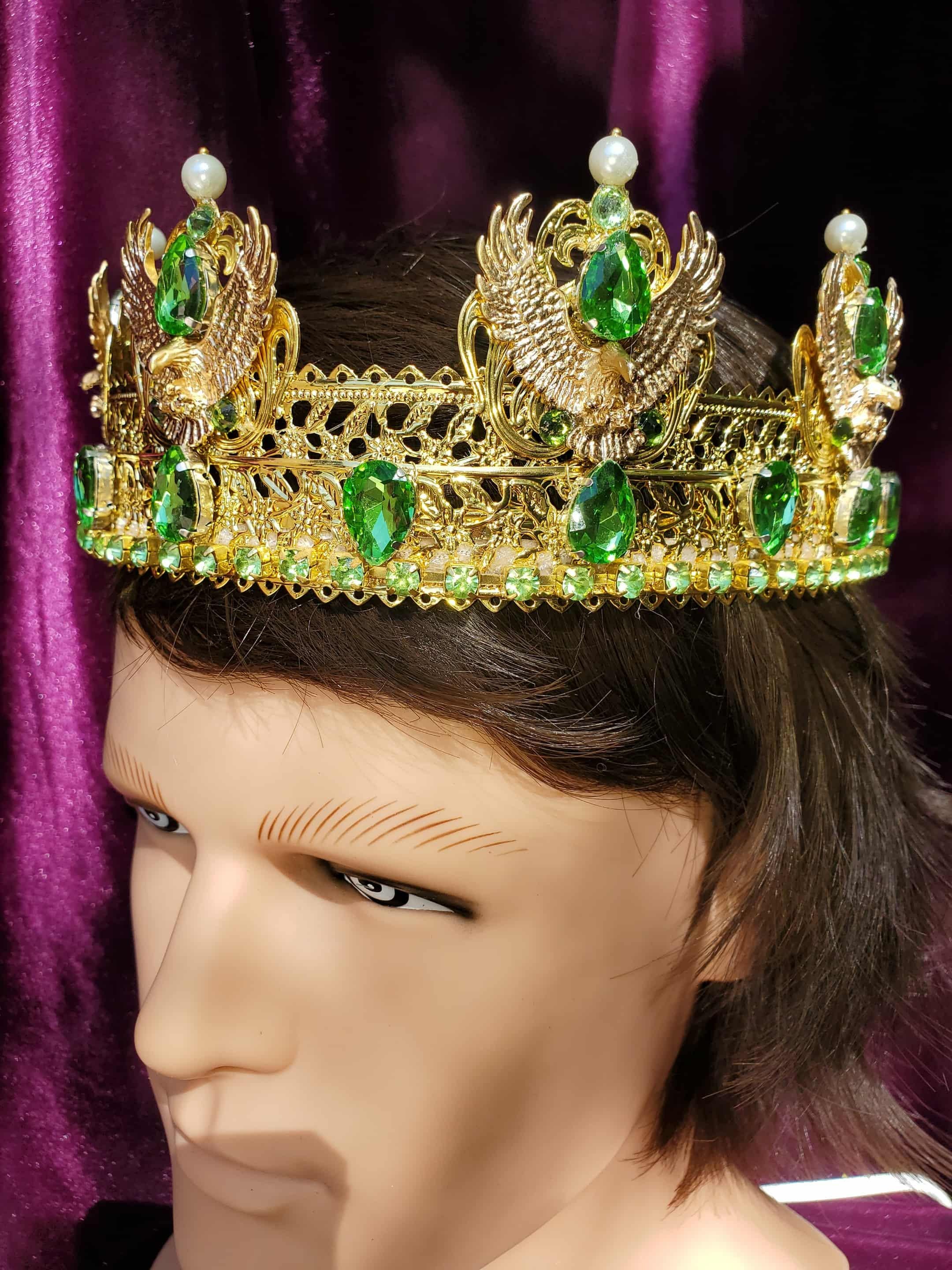 Gold Crown of Trento: Medieval Renaissance Royal Headpiece with Regal Eagles and Green Rhinestones, detail 3