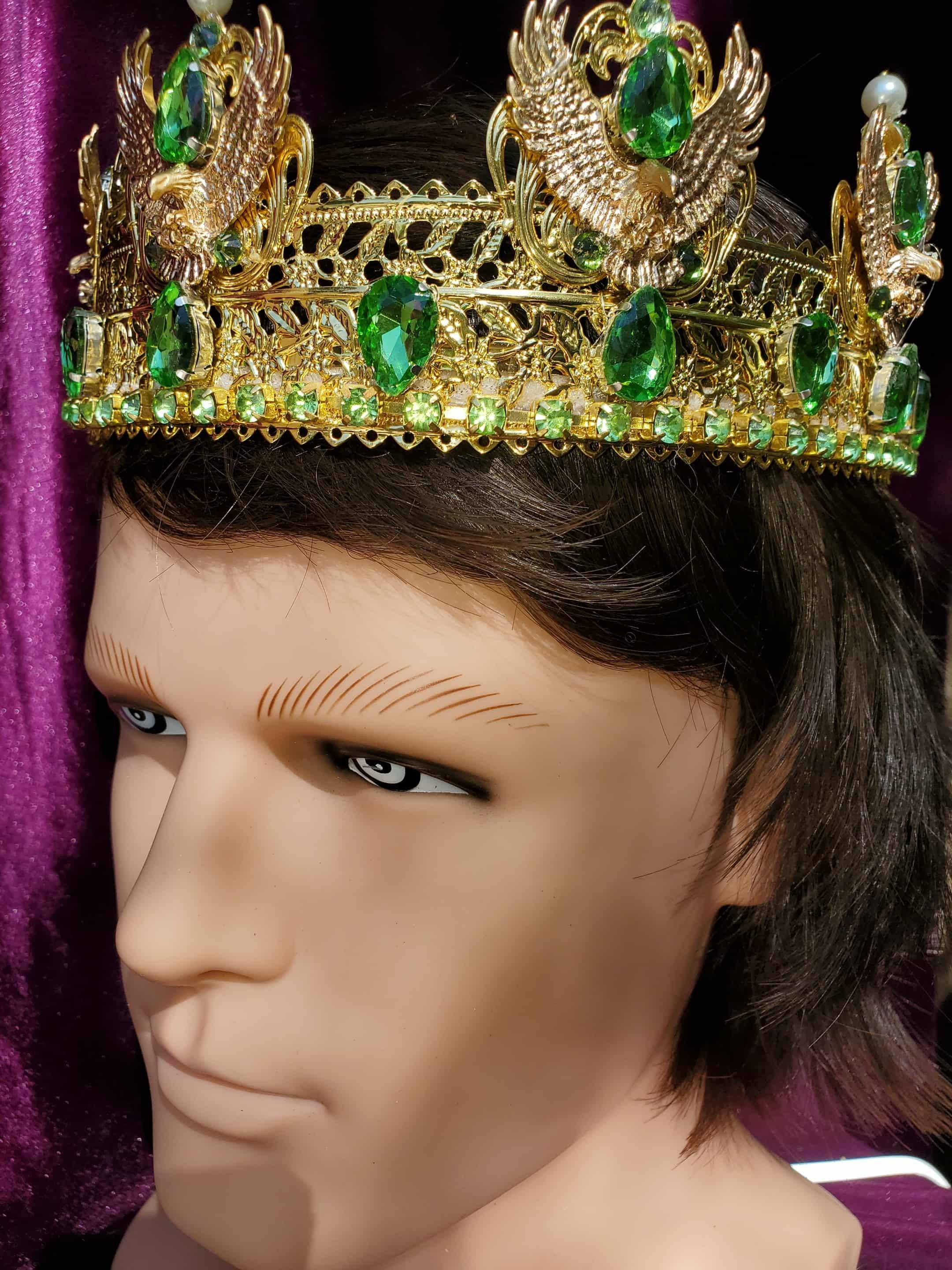 Gold Crown of Trento: Medieval Renaissance Royal Headpiece with Regal Eagles and Green Rhinestones, detail 4