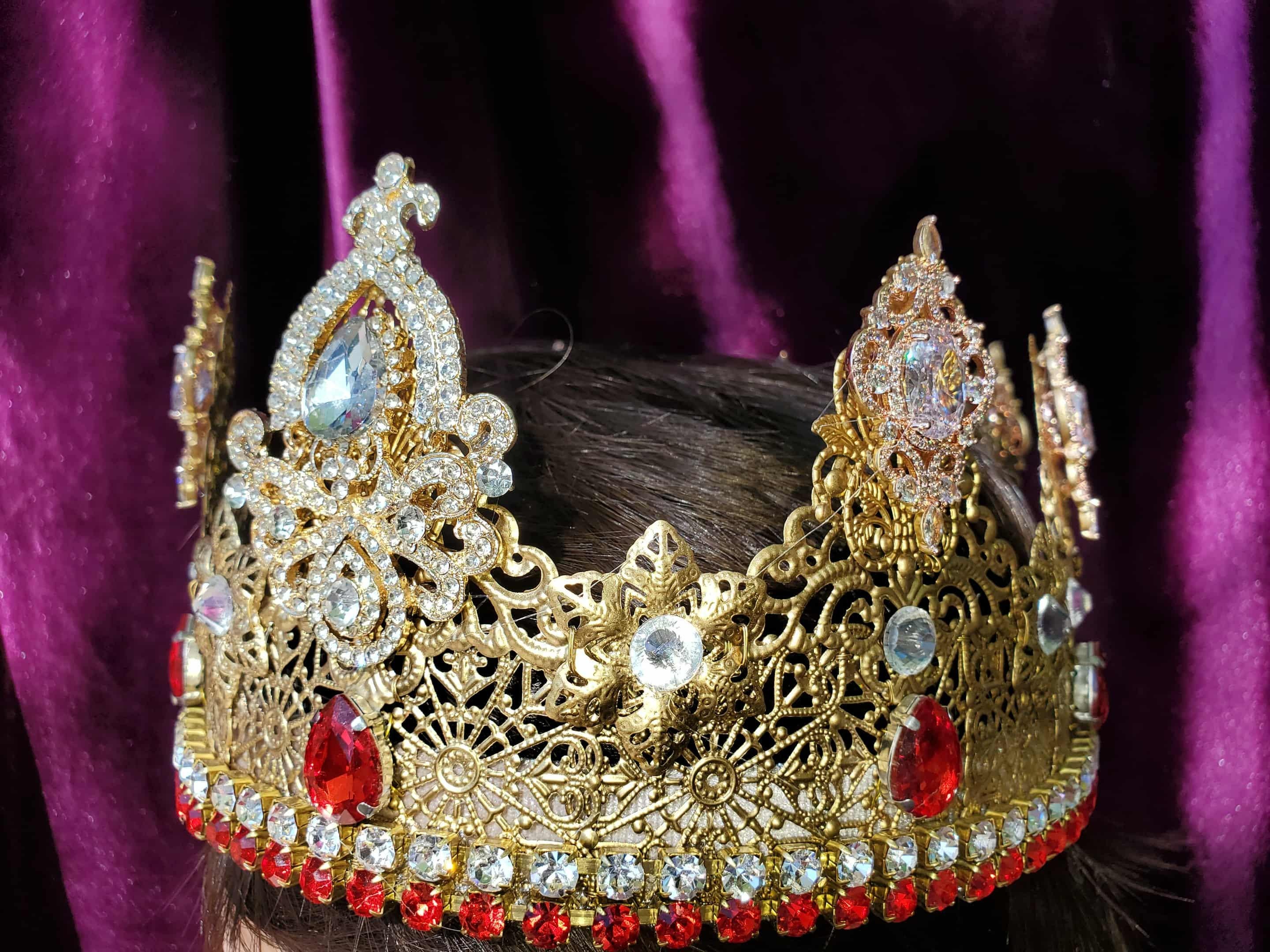 Viennese Gold King-Queen Crown: Rhinestone Medieval Headpiece