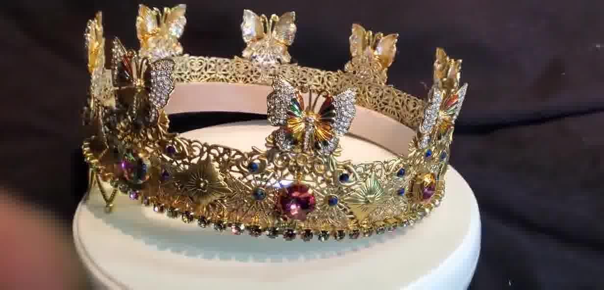 Gold Fairy King Crown: Renaissance Medieval Filigree with Butterflies, detail 4