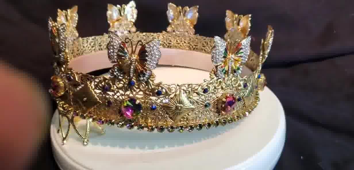 Gold Fairy King Crown: Renaissance Medieval Filigree with Butterflies, detail 5