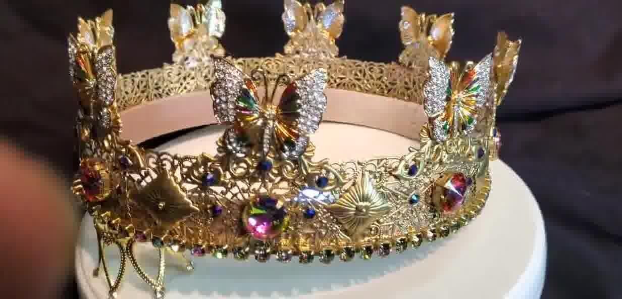 Gold Fairy King Crown: Renaissance Medieval Filigree with Butterflies, detail 6