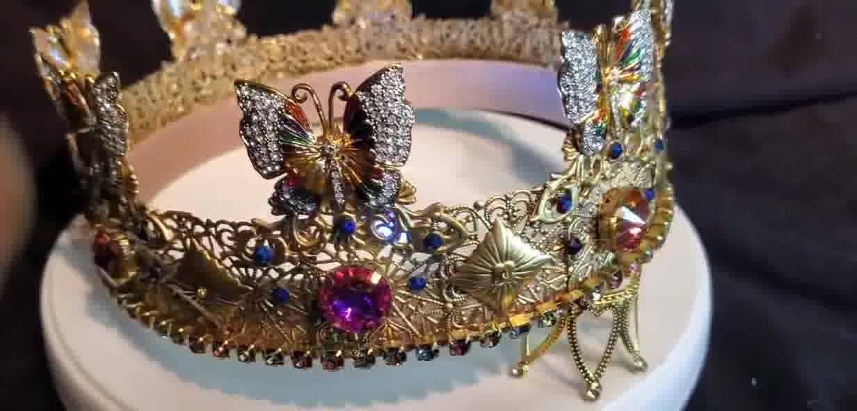 Gold Fairy King Crown: Renaissance Medieval Filigree with Butterflies, detail 7