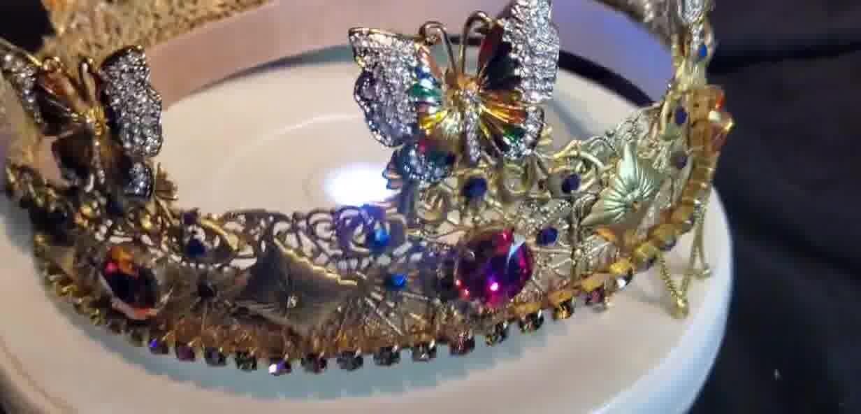 Gold Fairy King Crown: Renaissance Medieval Filigree with Butterflies, detail 8