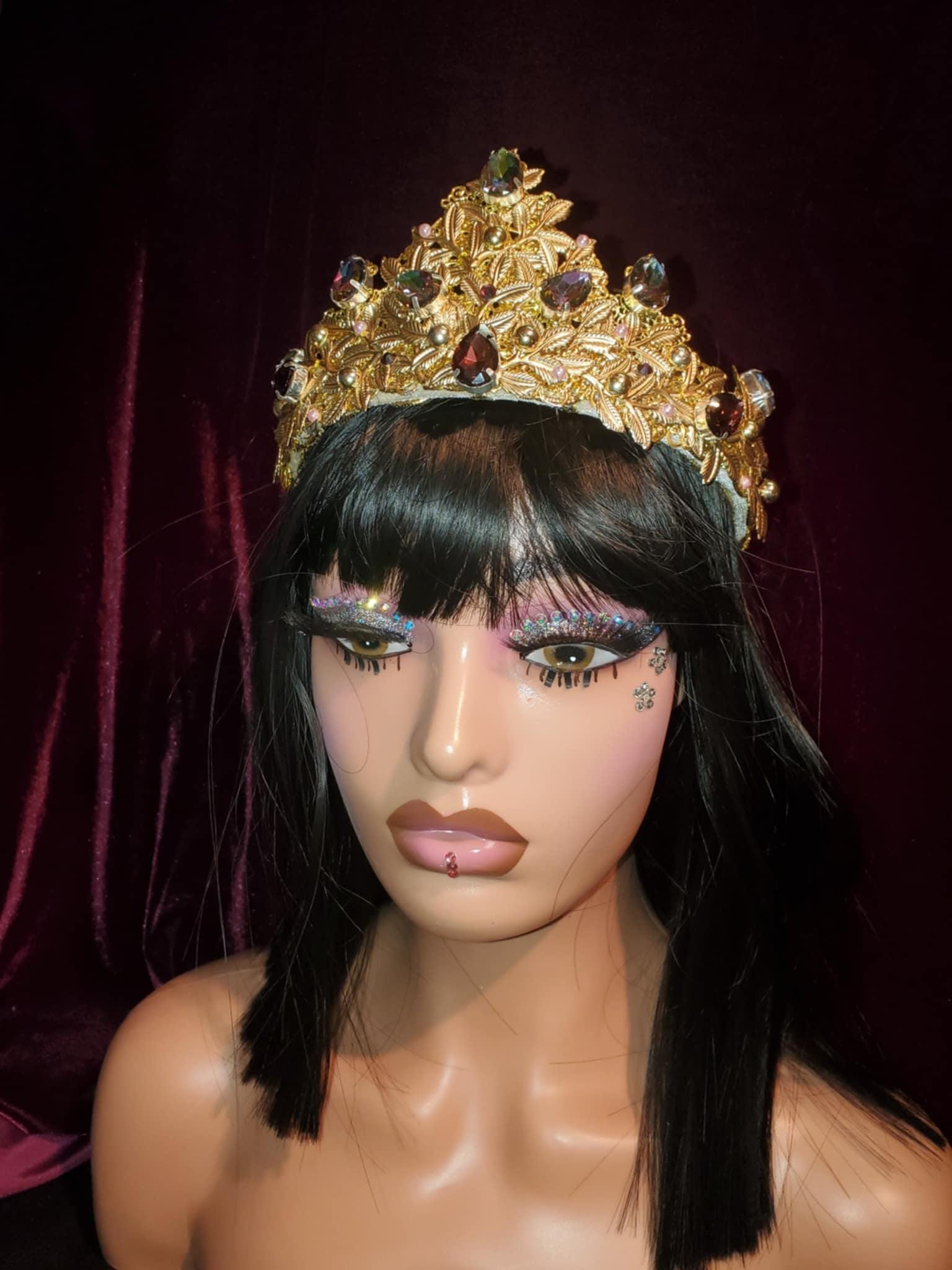 Gold Medieval Crown Tiara: Vitrail Rhinestones, Fantasy Costume