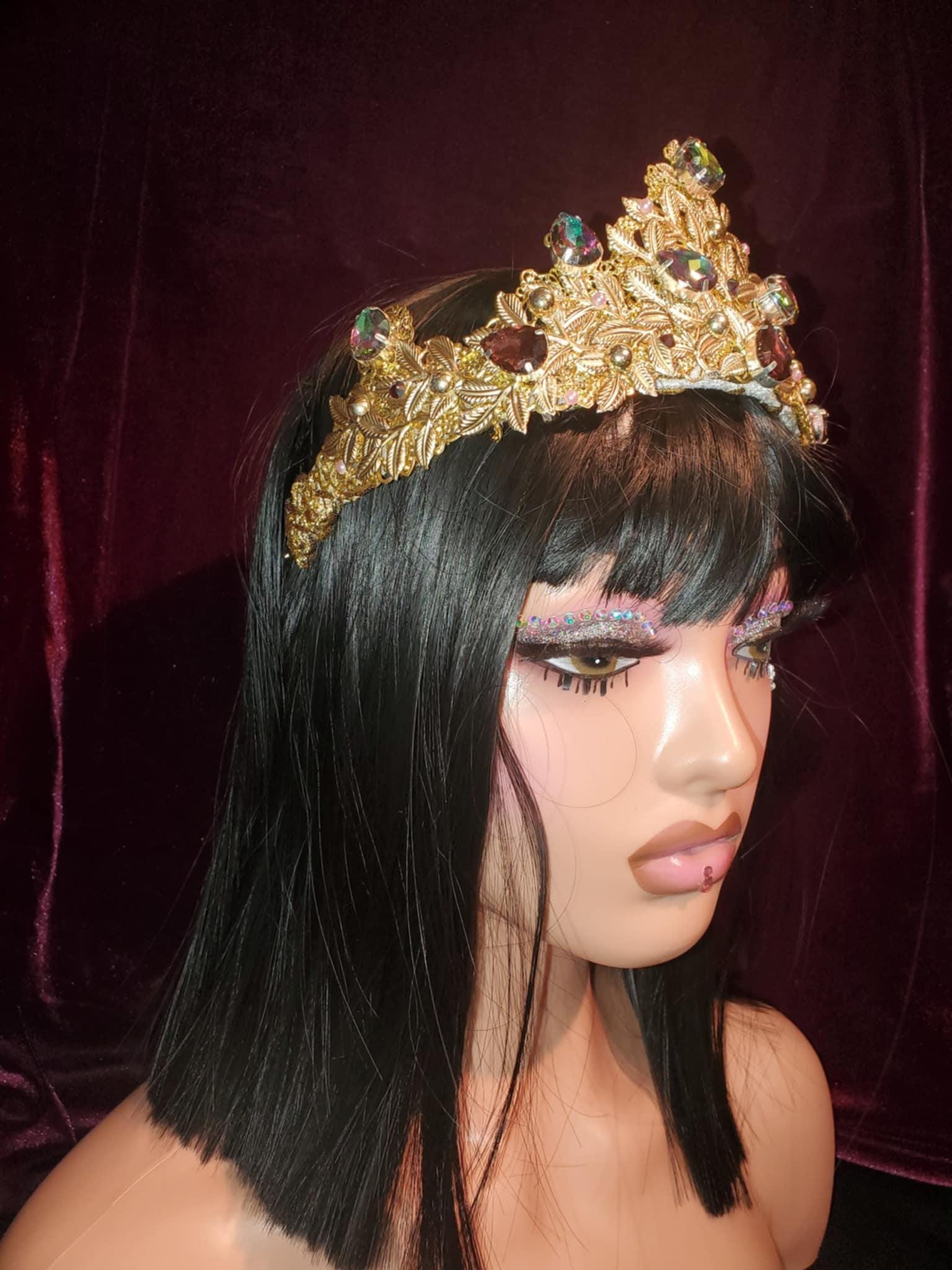 Gold Medieval Crown Tiara: Vitrail Rhinestones, Fantasy Costume, detail 2