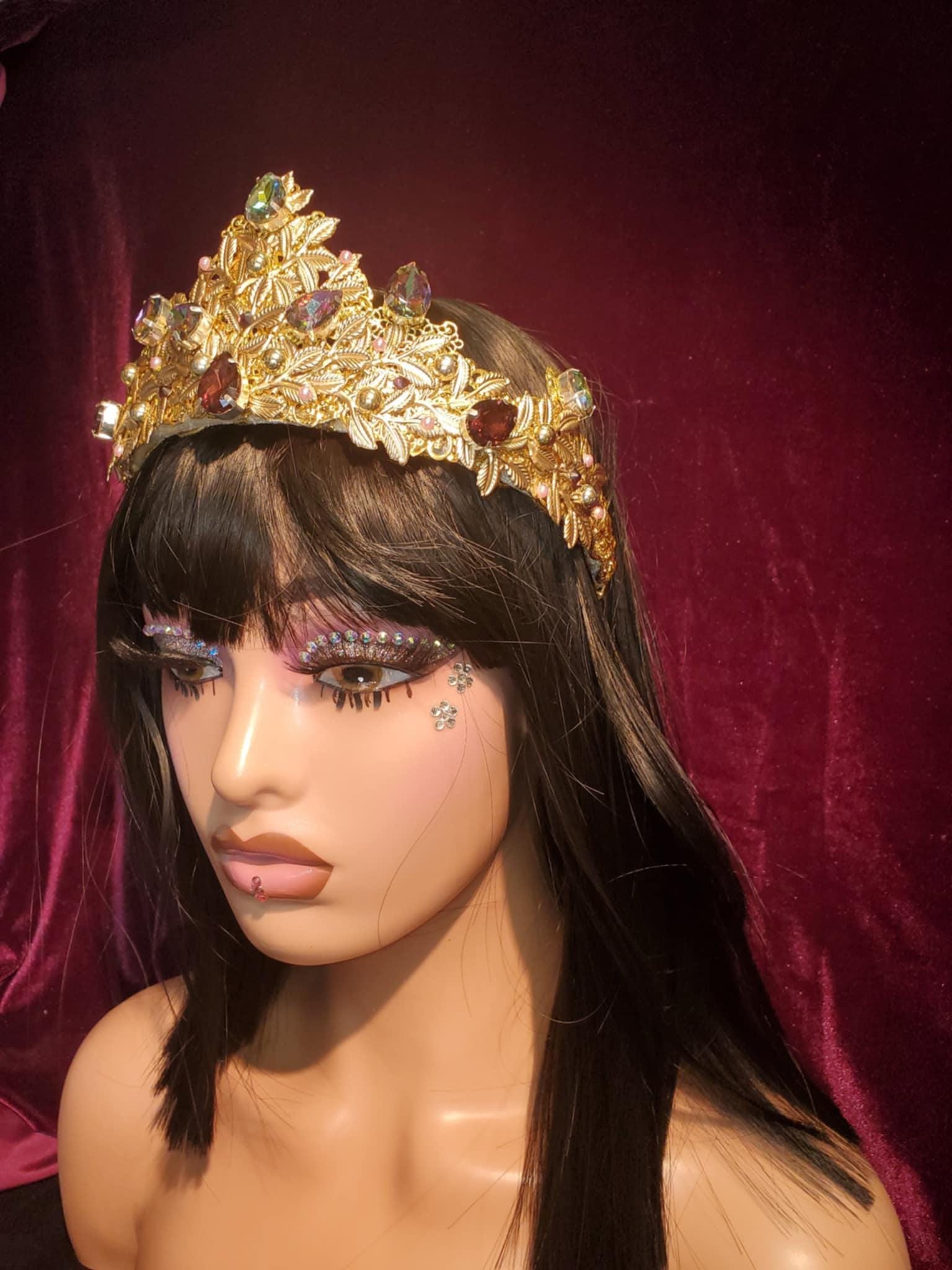 Gold Medieval Crown Tiara: Vitrail Rhinestones, Fantasy Costume, detail 3