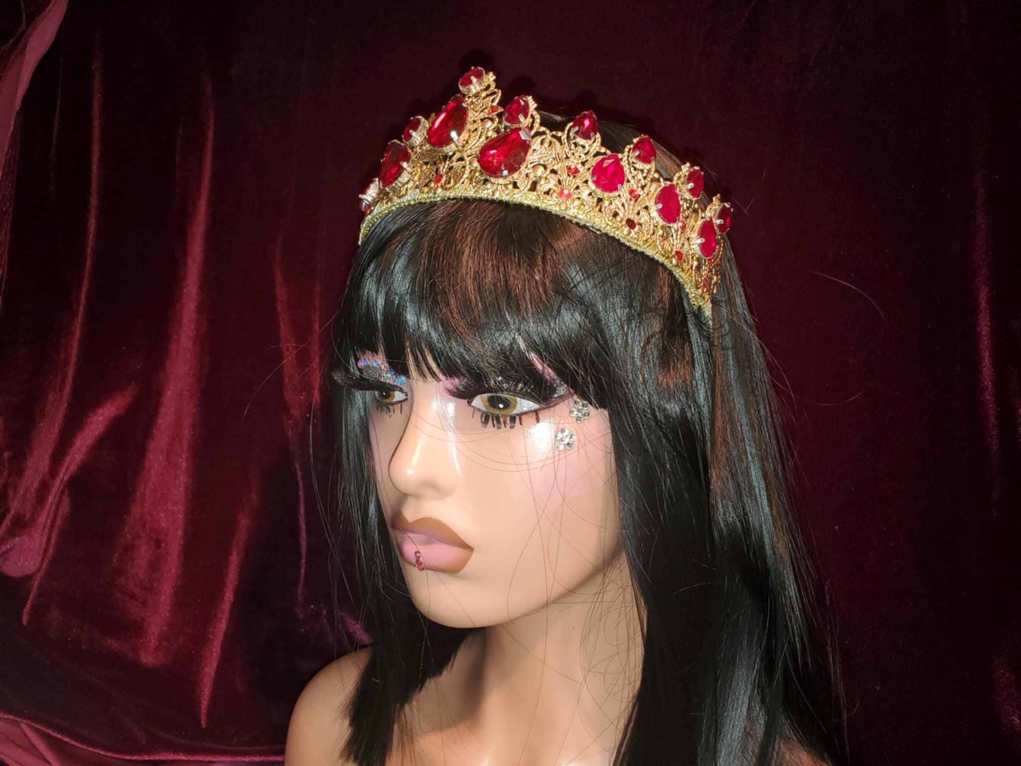 Red Rhinestone Medieval Crown Tiara: Gold Queen Costume, Fantasy Elf