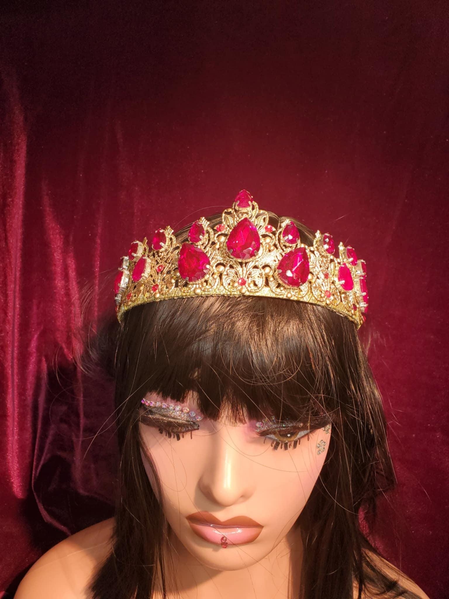 Red Rhinestone Medieval Crown Tiara: Gold Queen Costume, Fantasy Elf, detail 2
