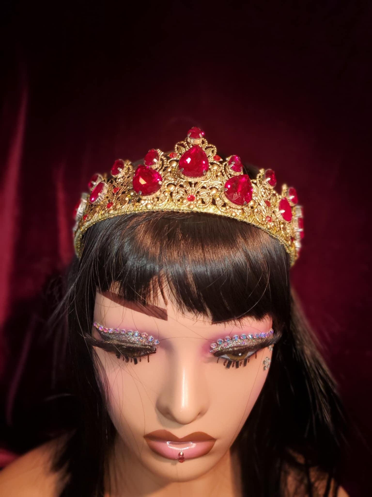 Red Rhinestone Medieval Crown Tiara: Gold Queen Costume, Fantasy Elf, detail 3