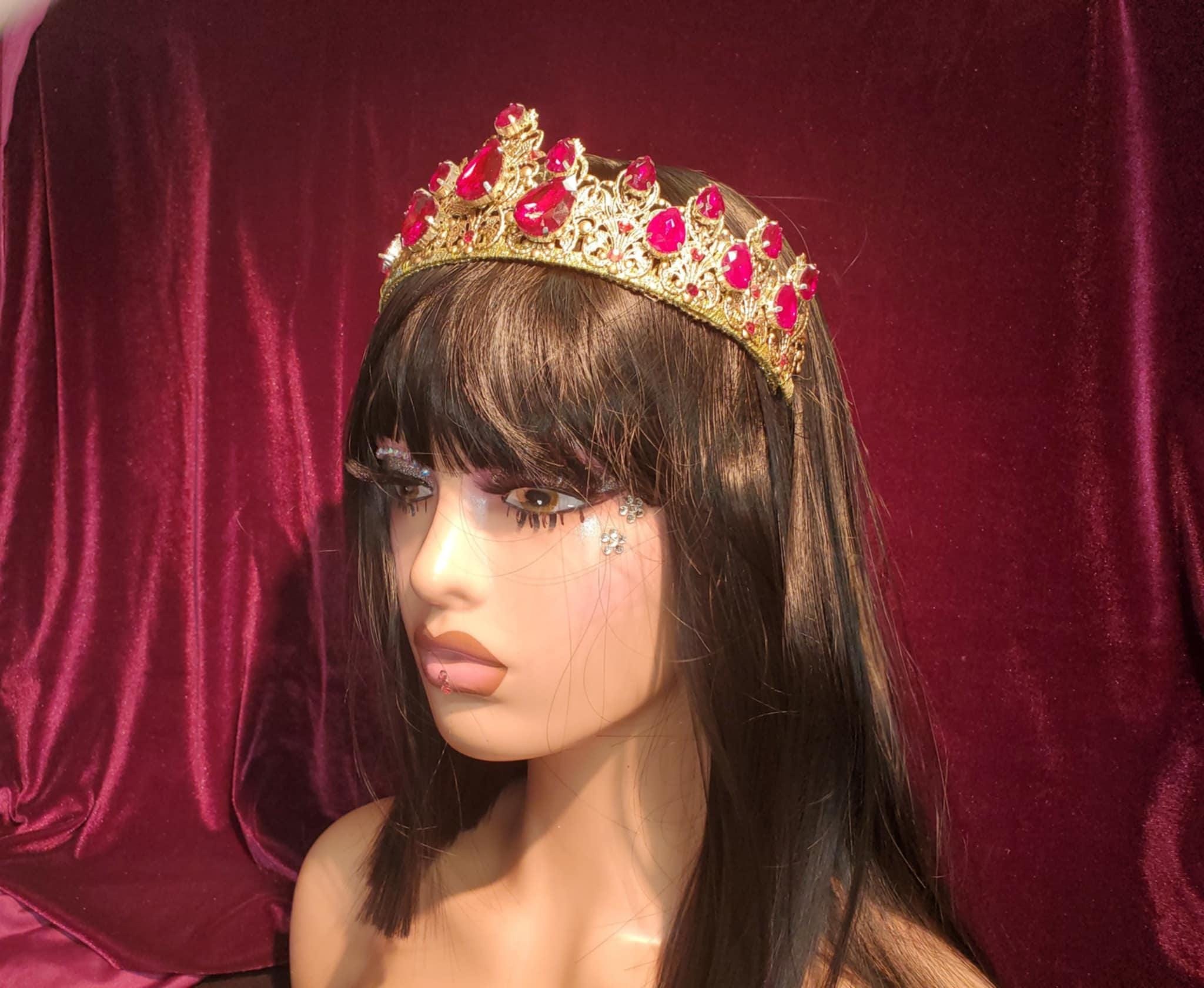 Red Rhinestone Medieval Crown Tiara: Gold Queen Costume, Fantasy Elf, detail 4
