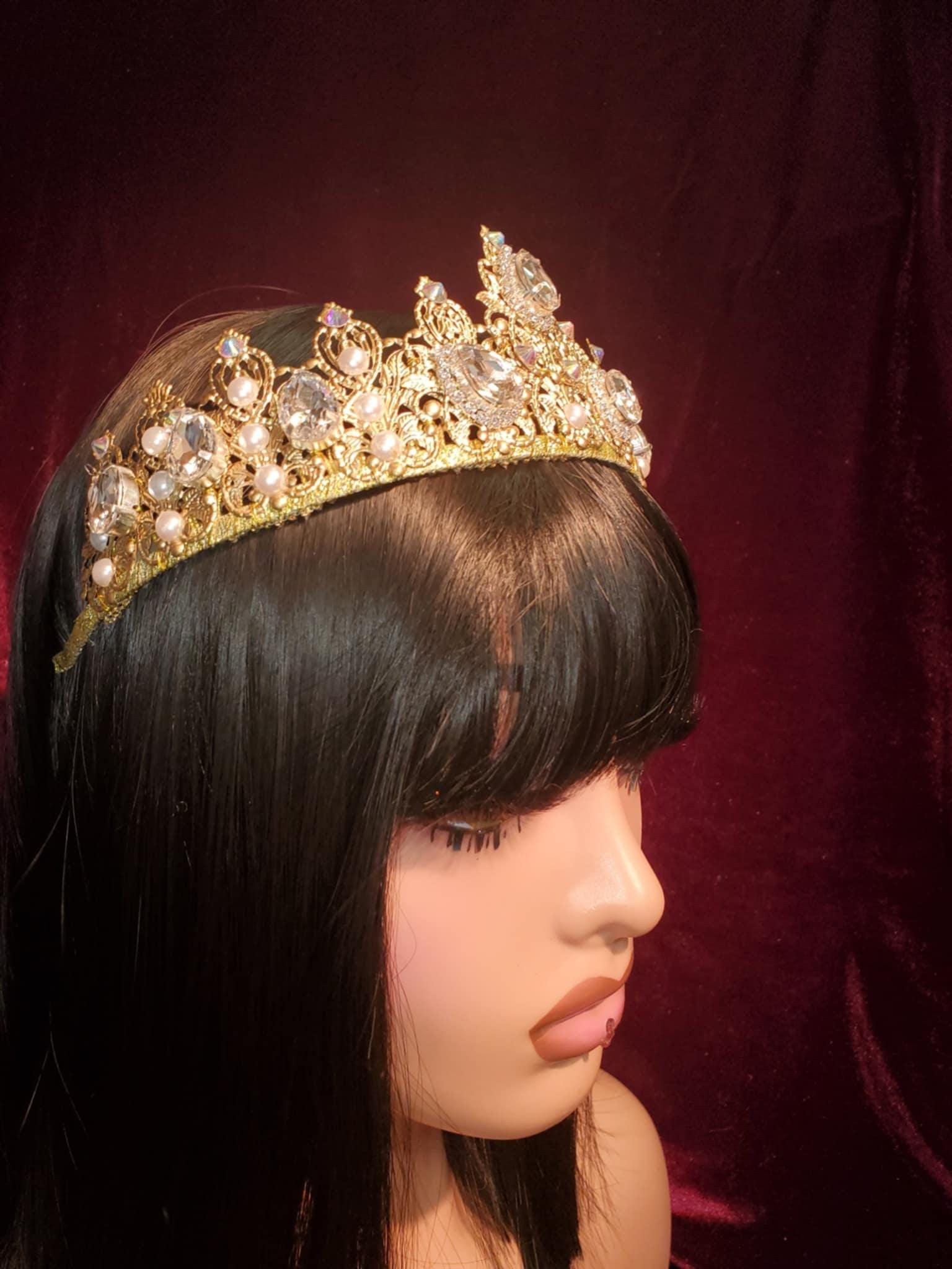 Gold Medieval Queen Crown: Rhinestone Costume Tiara, detail 2