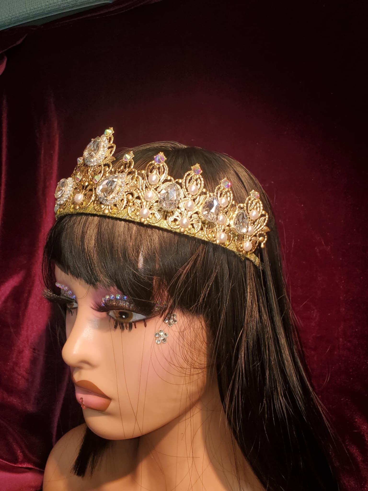 Gold Medieval Queen Crown: Rhinestone Costume Tiara, detail 3