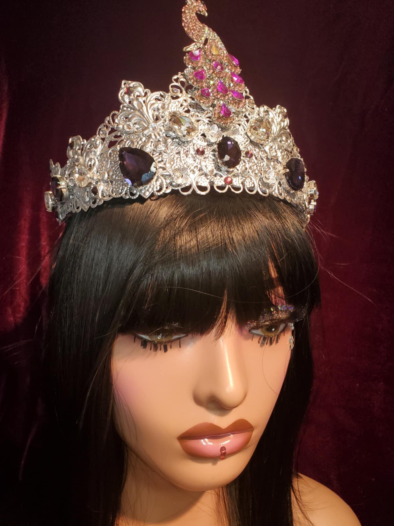 Peacock and Purple Rhinestone Medieval Crown displayed on a mannequin