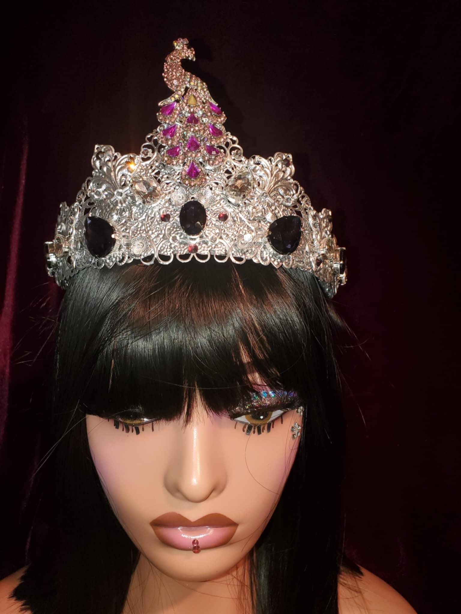 Peacock & Purple Rhinestone Medieval Crown: Fantasy Queen Tiara, detail 2