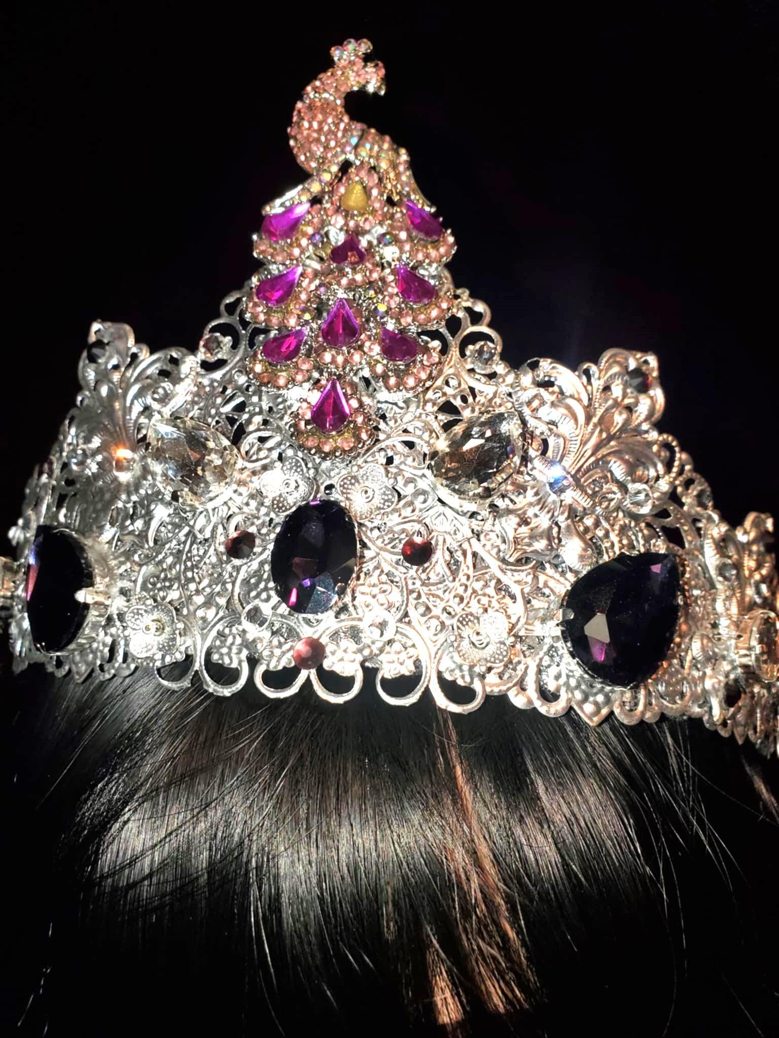 Peacock & Purple Rhinestone Medieval Crown: Fantasy Queen Tiara, detail 3