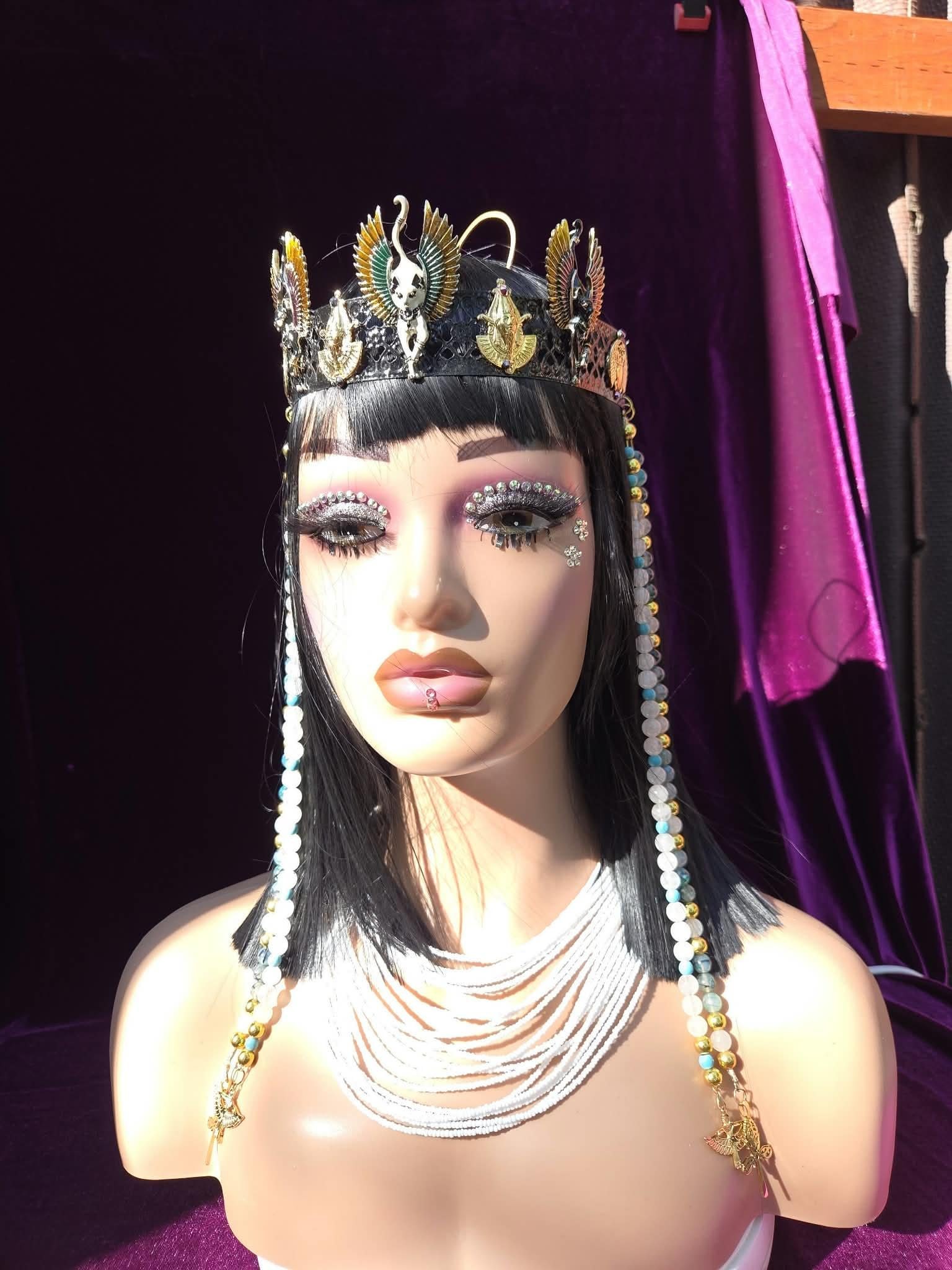 Crown of Bastet the Cat Goddess of Egypt. Mystique, Magic, deep dark & secretive. Includes crown, white seed necklace and earrings.