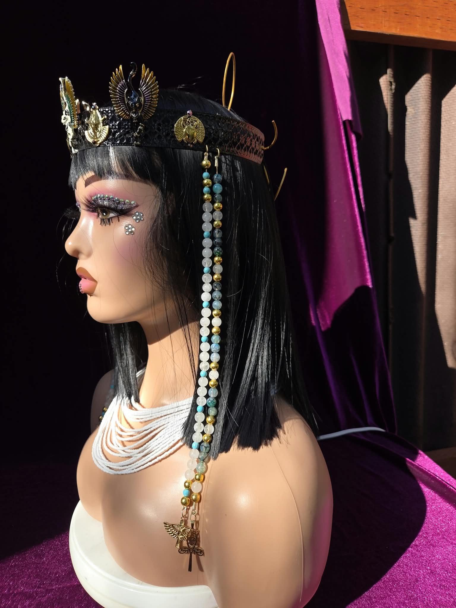 Crown of Bastet the Cat Goddess of Egypt. Mystique, Magic, deep dark & secretive. Includes crown, white seed necklace and earrings., detail 3