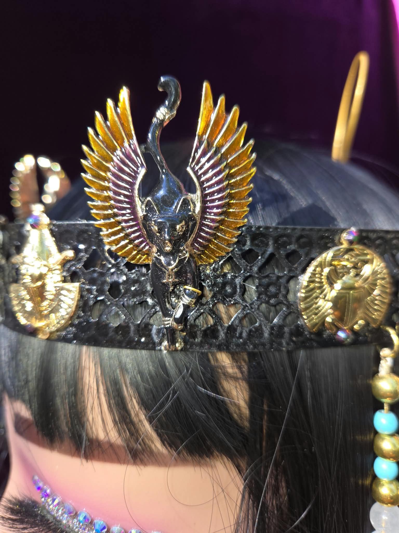 Crown of Bastet the Cat Goddess of Egypt. Mystique, Magic, deep dark & secretive. Includes crown, white seed necklace and earrings., detail 4