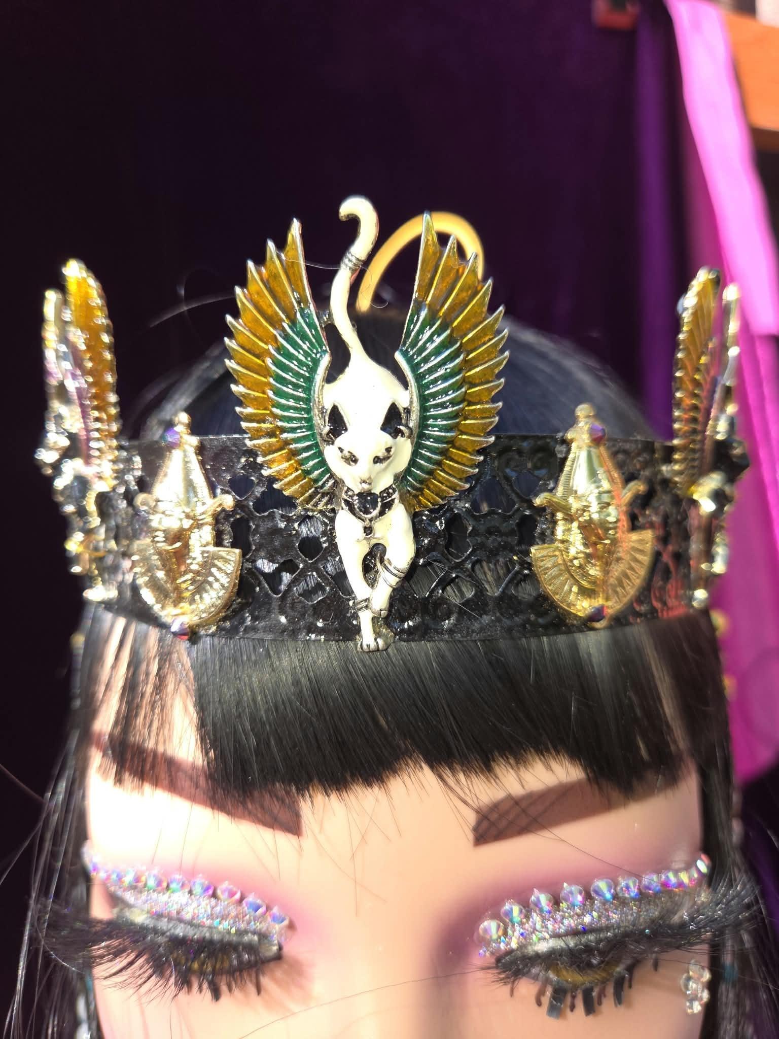 Crown of Bastet the Cat Goddess of Egypt. Mystique, Magic, deep dark & secretive. Includes crown, white seed necklace and earrings., detail 5