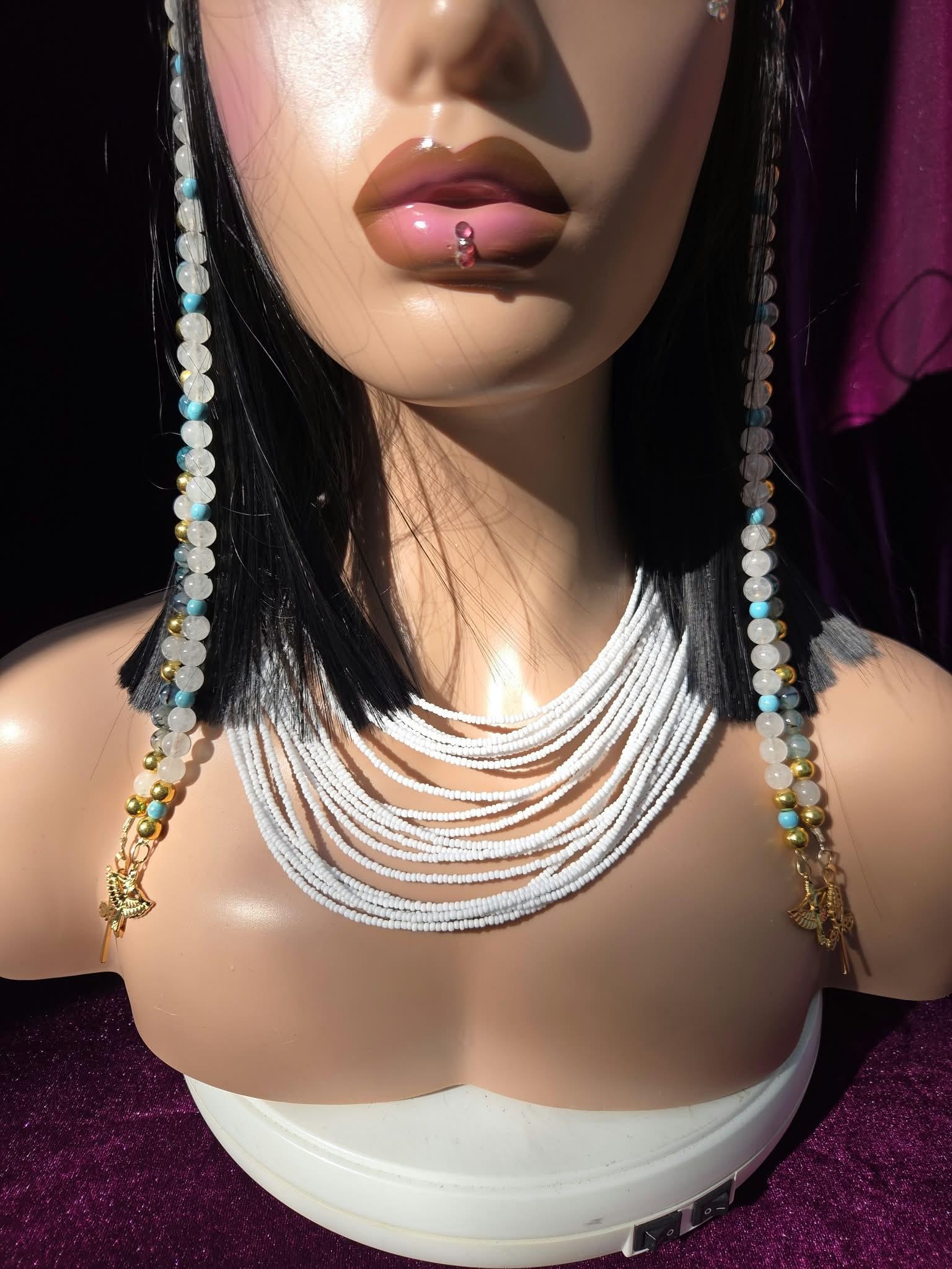Crown of Bastet the Cat Goddess of Egypt. Mystique, Magic, deep dark & secretive. Includes crown, white seed necklace and earrings., detail 6