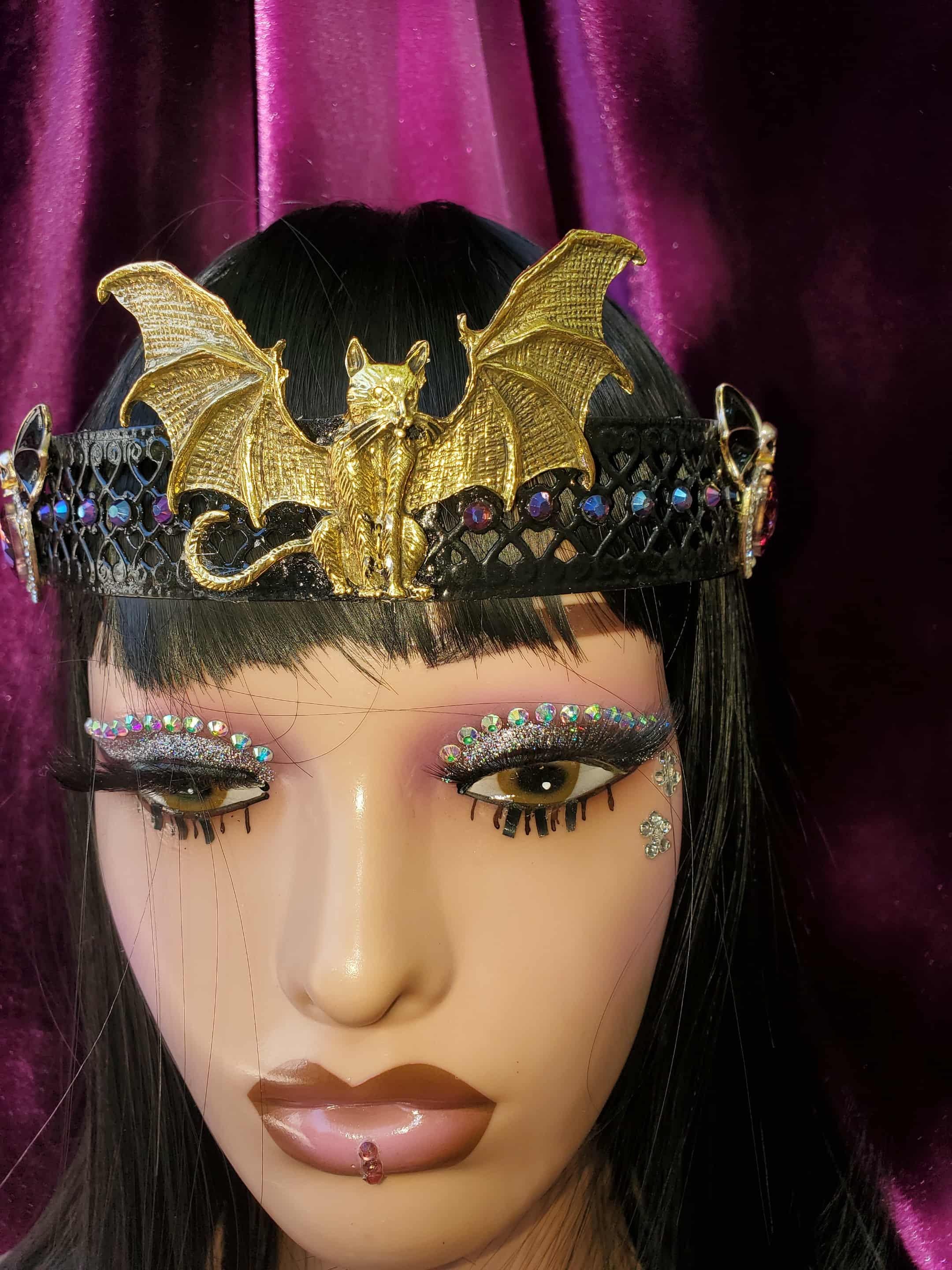 Cat/Bat Witch Crown. Full Circle Black Lacquered Crown. Purrrr-fect for Halloween., detail 2