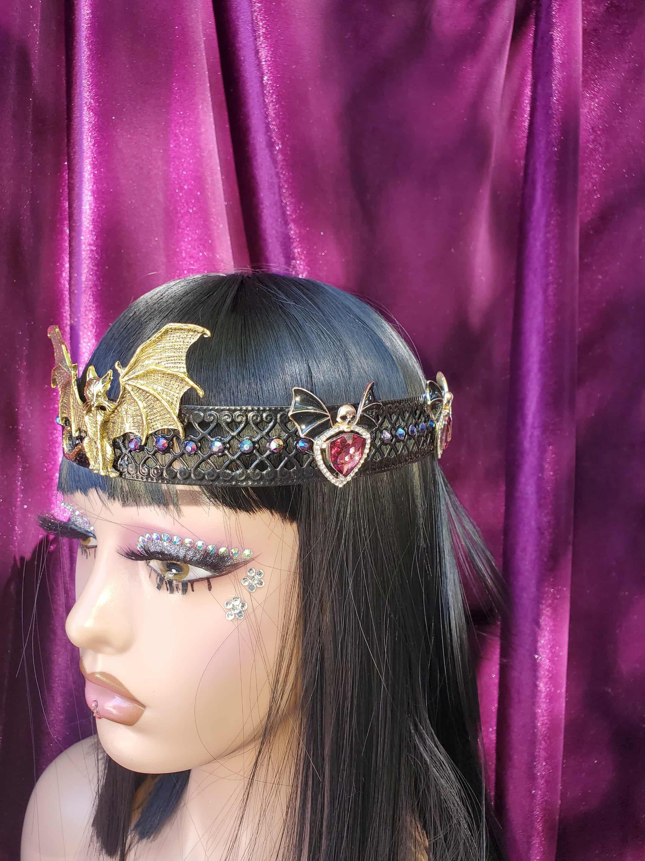 Cat/Bat Witch Crown. Full Circle Black Lacquered Crown. Purrrr-fect for Halloween., detail 4