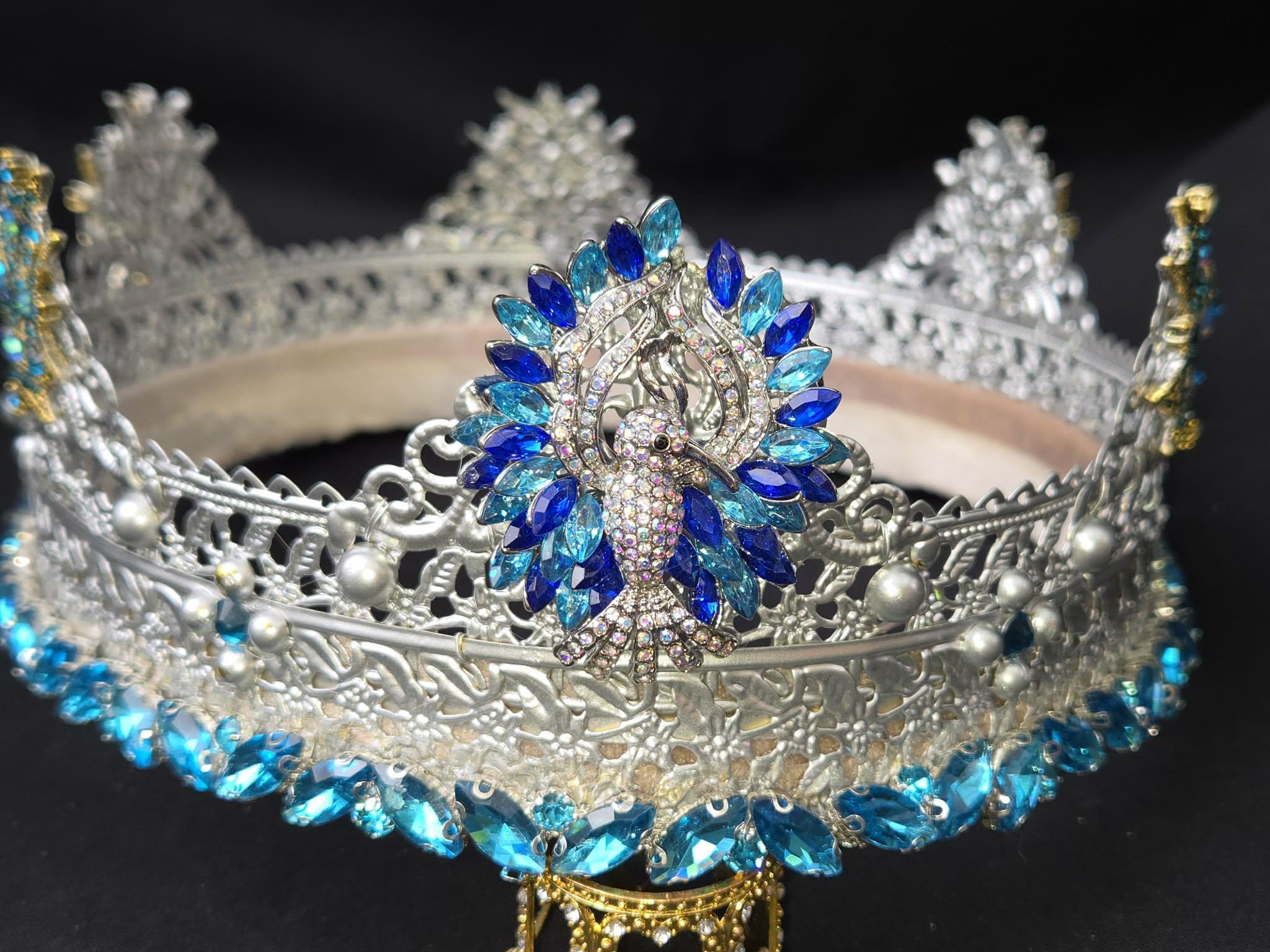 Silver Lacquered Phoenix Crown, Sapphire Azure Rhinestones, Velvet Lined