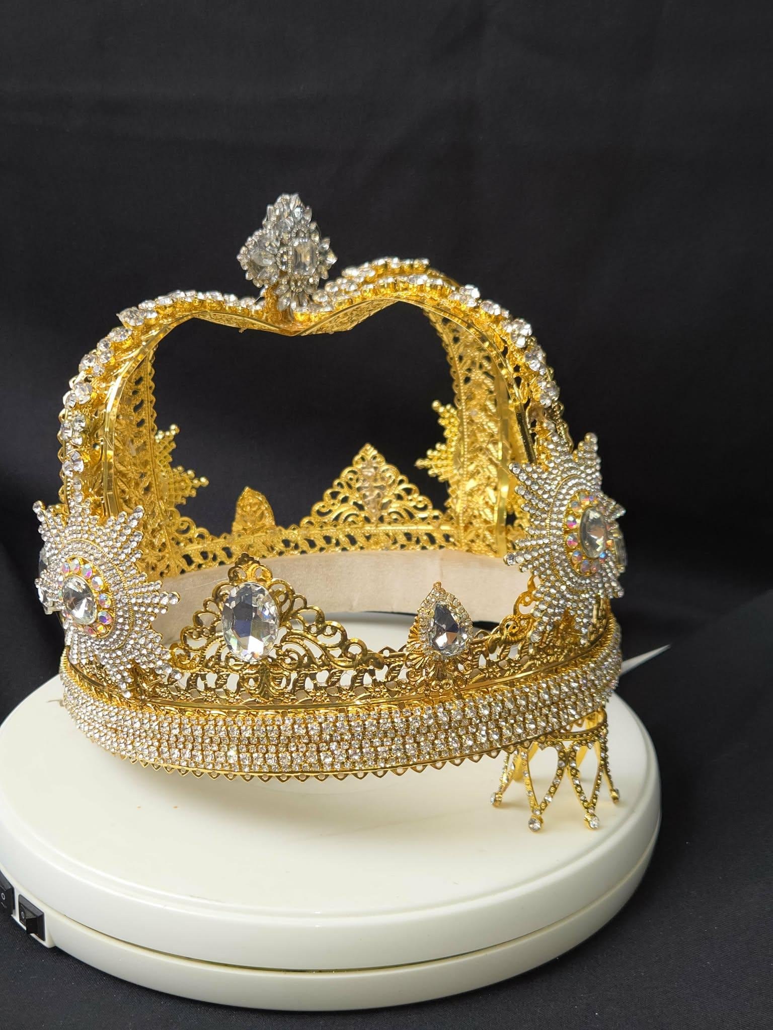 Austrian Styled Crown for a King or Queen. Clear Rhinestone and Gold-toned High Crown.