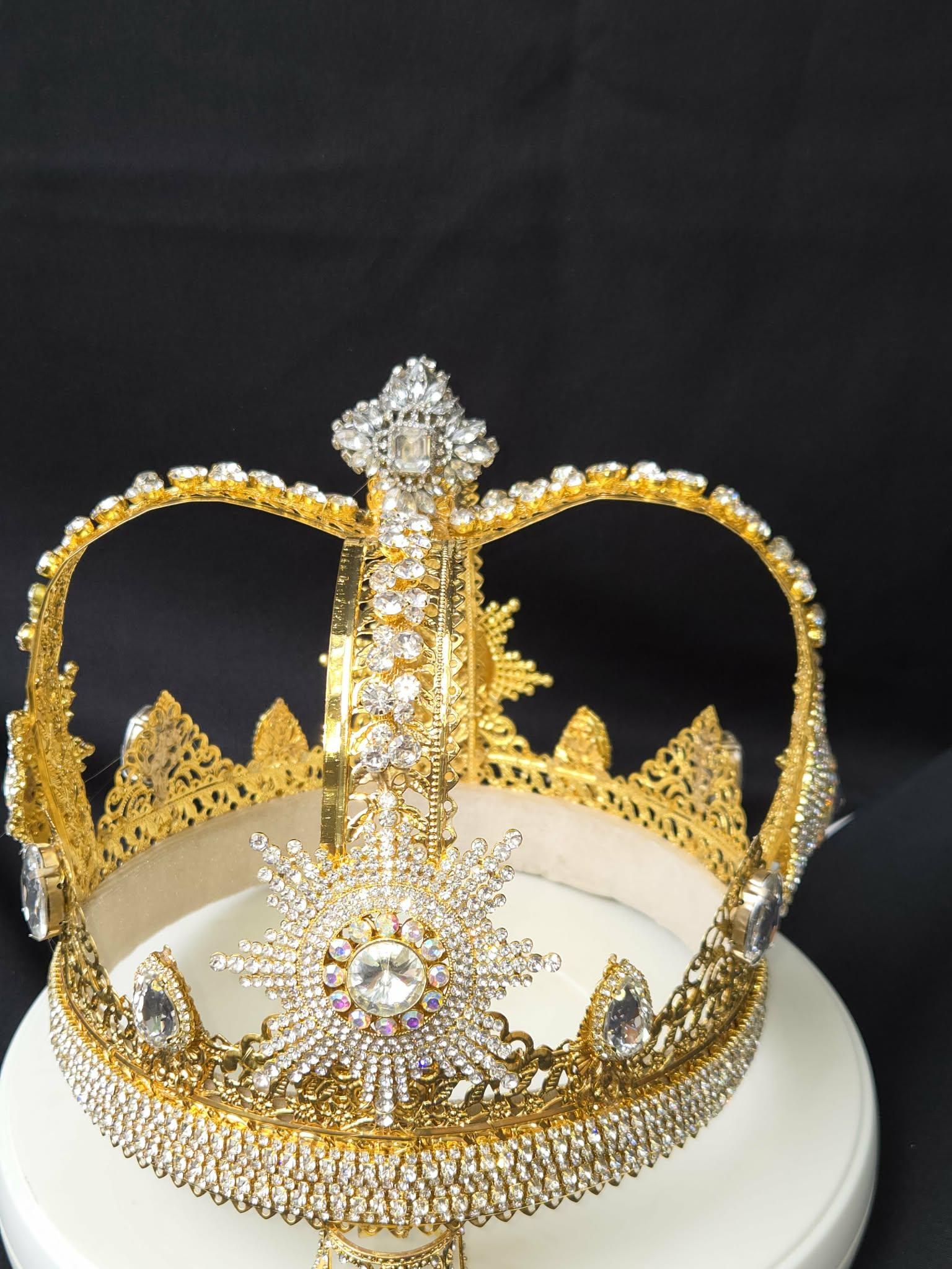 Austrian Styled Crown for a King or Queen. Clear Rhinestone and Gold-toned High Crown., detail 2