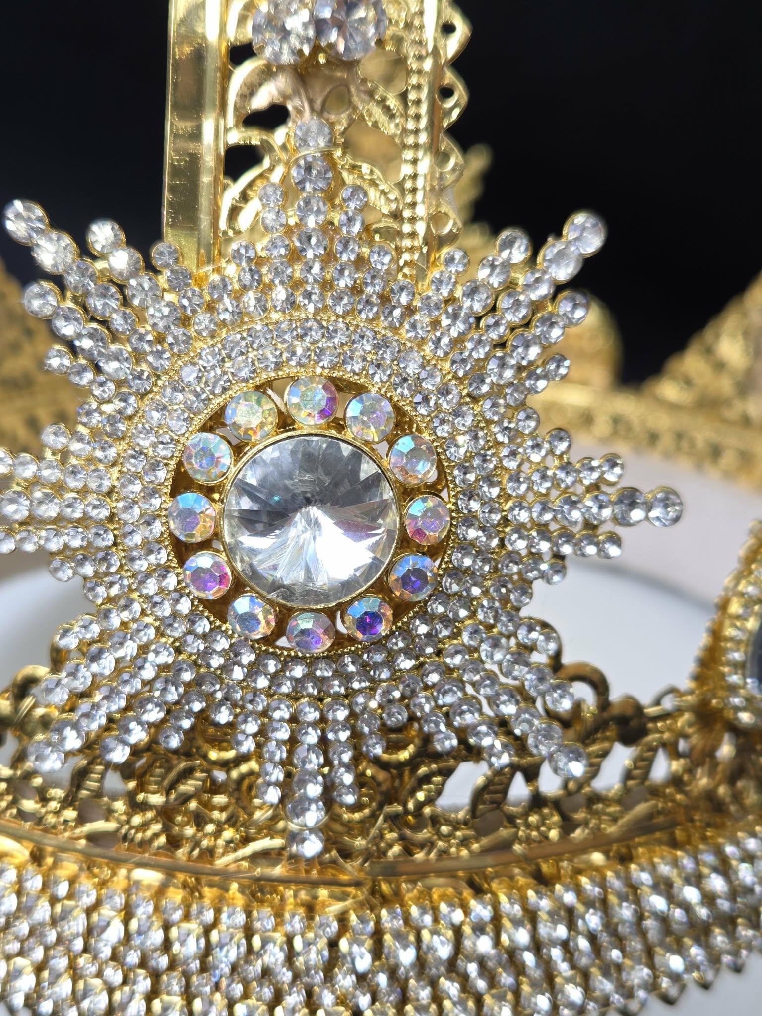 Austrian Styled Crown for a King or Queen. Clear Rhinestone and Gold-toned High Crown., detail 4