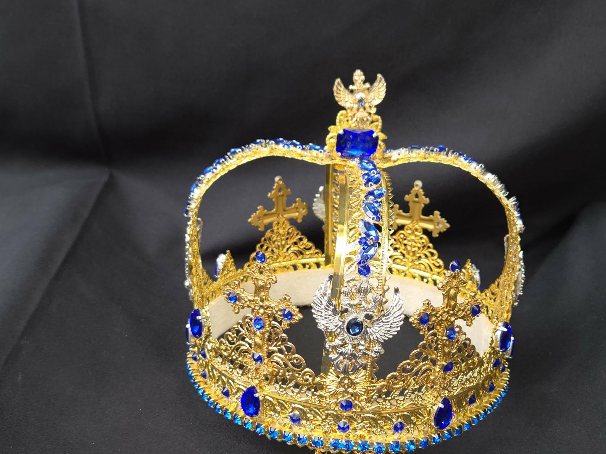 Goldtone Russian Crown, Sapphire Rhinestones, Romanoff Eagles, Cosplay Wedding Accessory