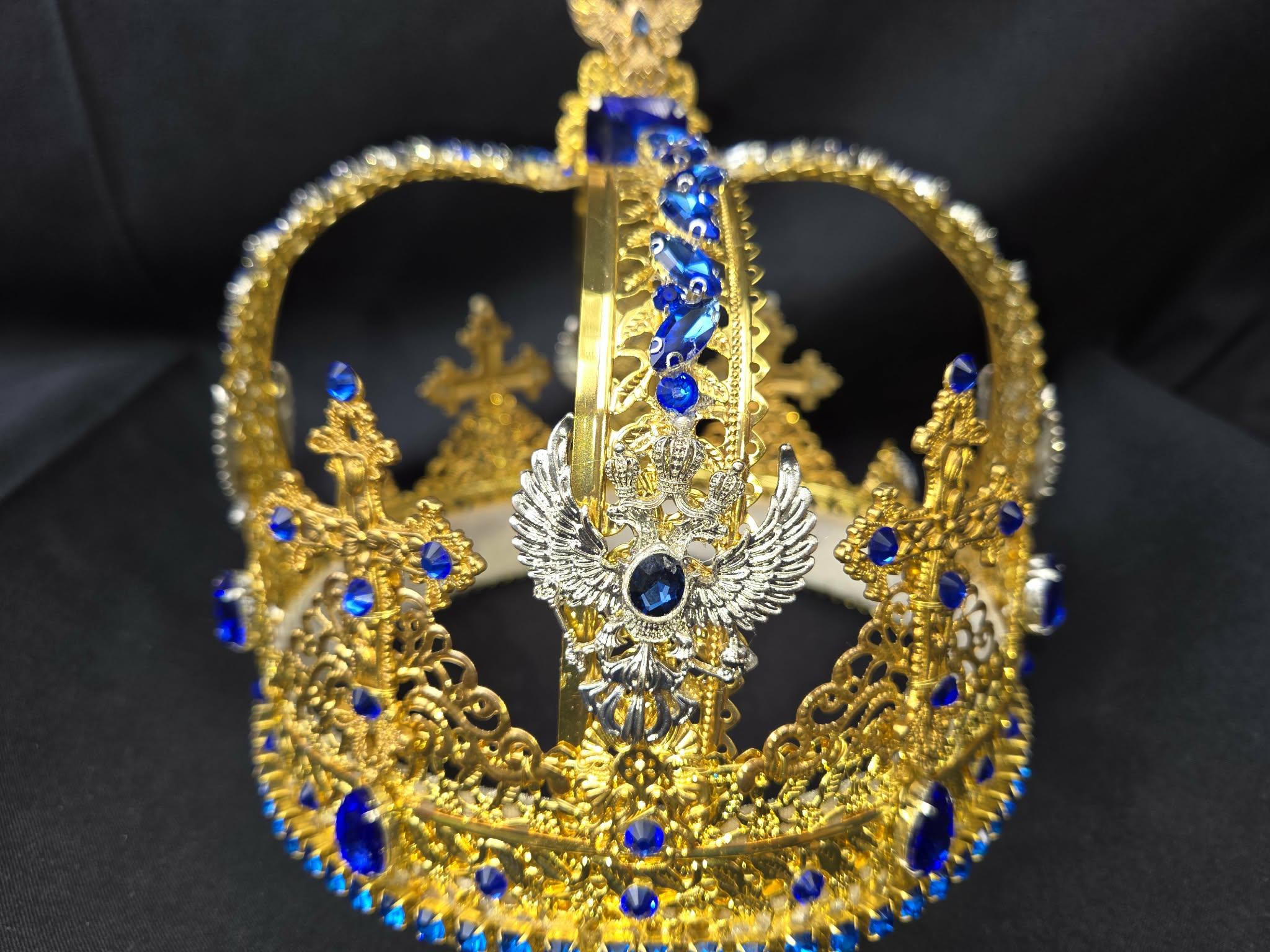 Goldtone Russian Crown, Sapphire Rhinestones, Romanoff Eagles, Cosplay Wedding Accessory, detail 2