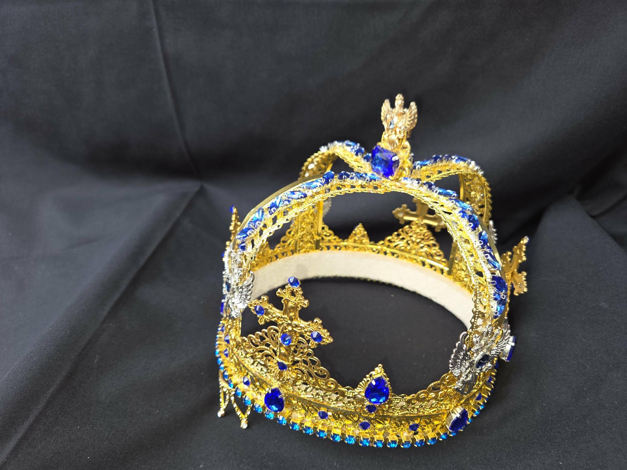 Goldtone Russian Crown, Sapphire Rhinestones, Romanoff Eagles, Cosplay Wedding Accessory, detail 3