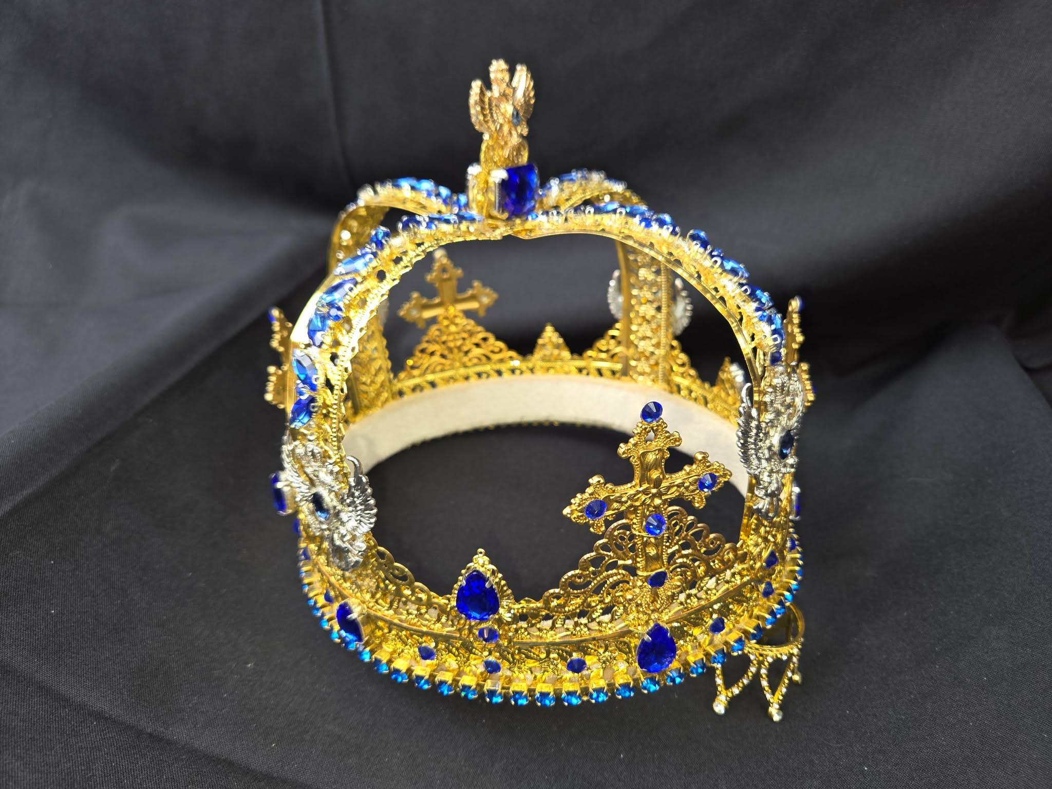 Goldtone Russian Crown, Sapphire Rhinestones, Romanoff Eagles, Cosplay Wedding Accessory, detail 4
