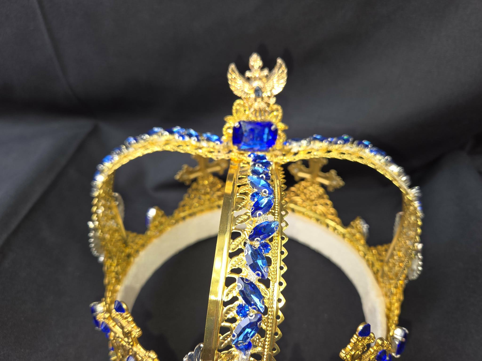 Goldtone Russian Crown, Sapphire Rhinestones, Romanoff Eagles, Cosplay Wedding Accessory, detail 5