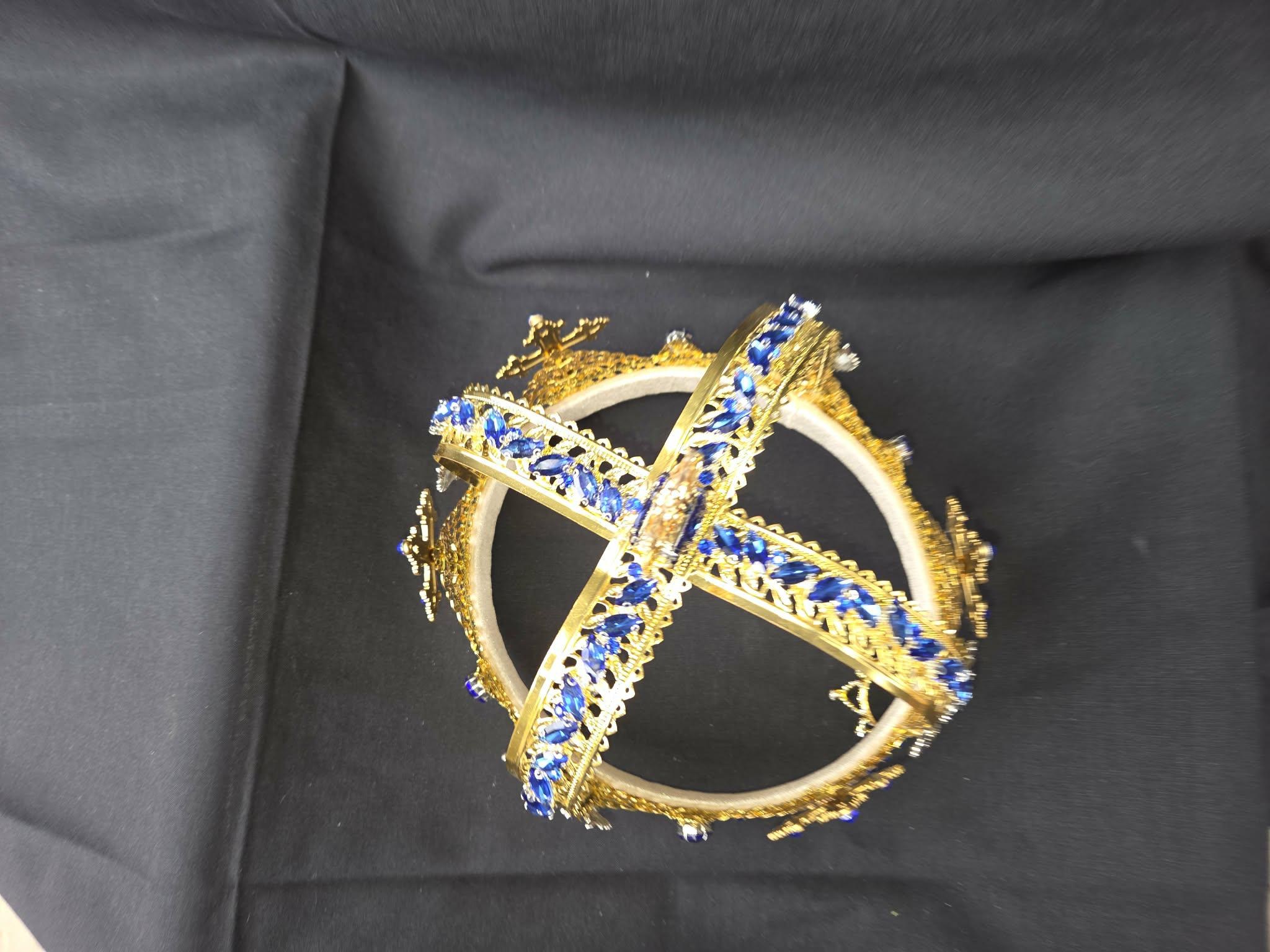 Goldtone Russian Crown, Sapphire Rhinestones, Romanoff Eagles, Cosplay Wedding Accessory, detail 6