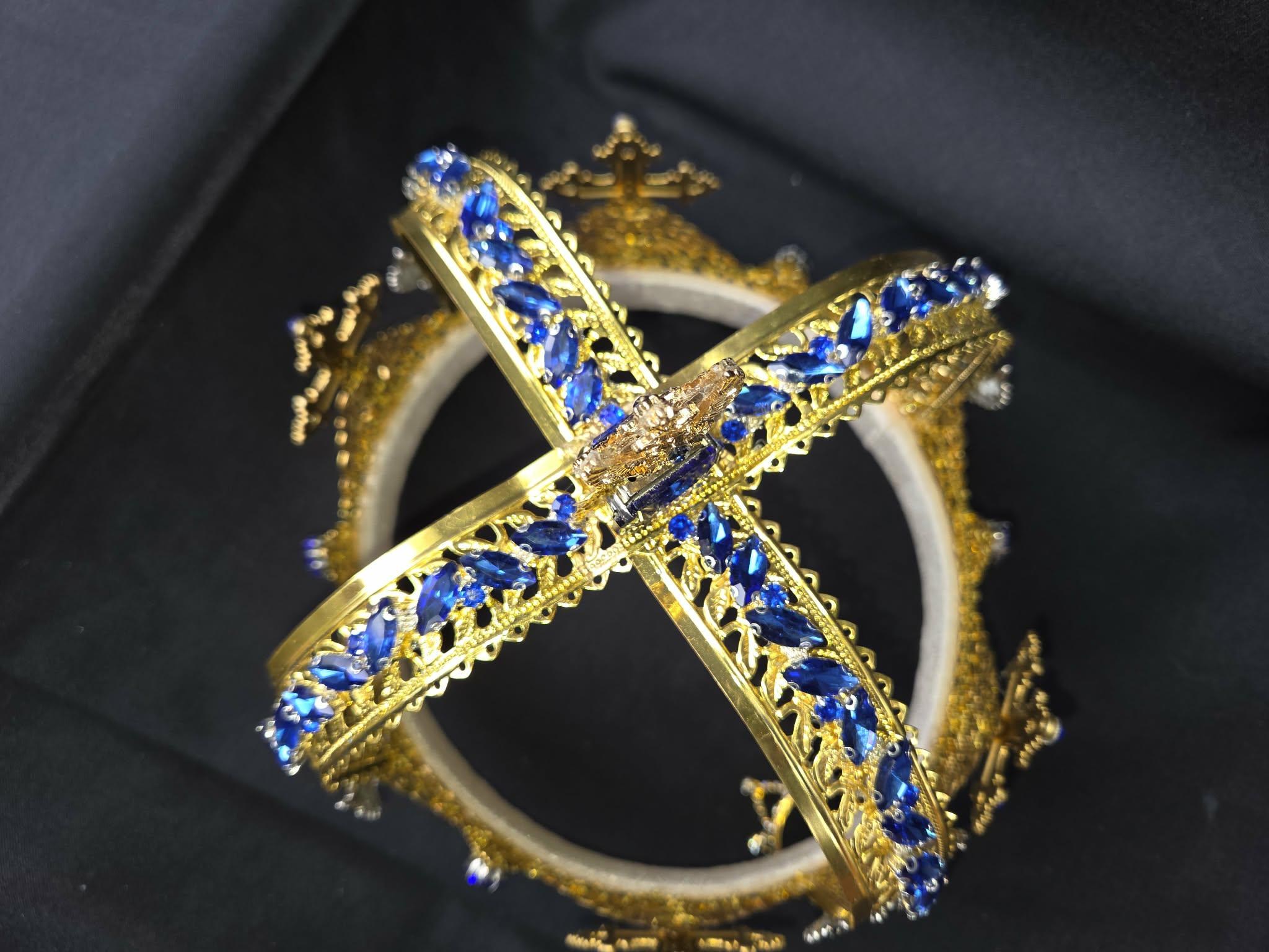 Goldtone Russian Crown, Sapphire Rhinestones, Romanoff Eagles, Cosplay Wedding Accessory, detail 7