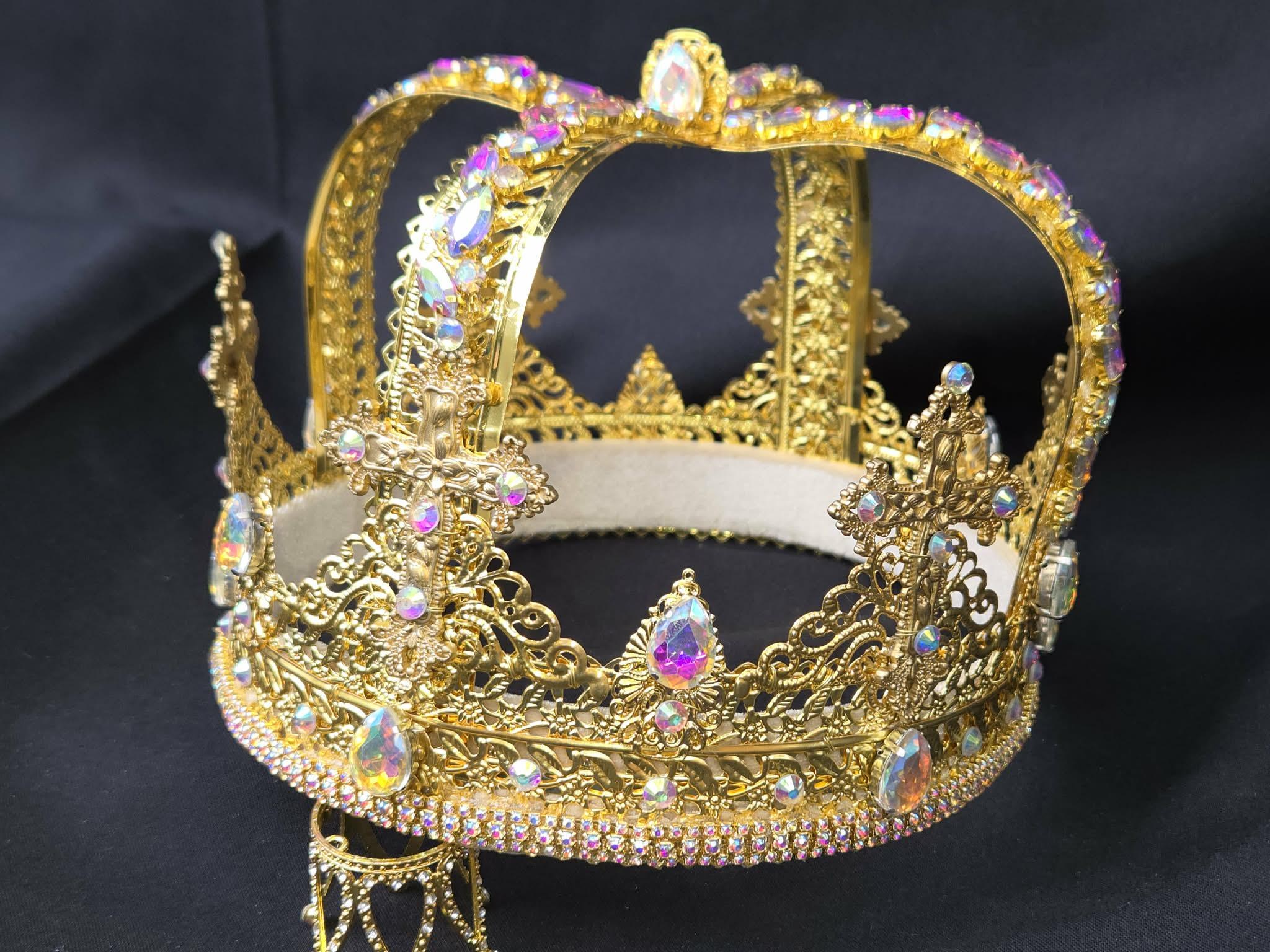 Sparkling Goldtone King-Queen Crown, Weddings, Aurora Rhinestones, detail 4