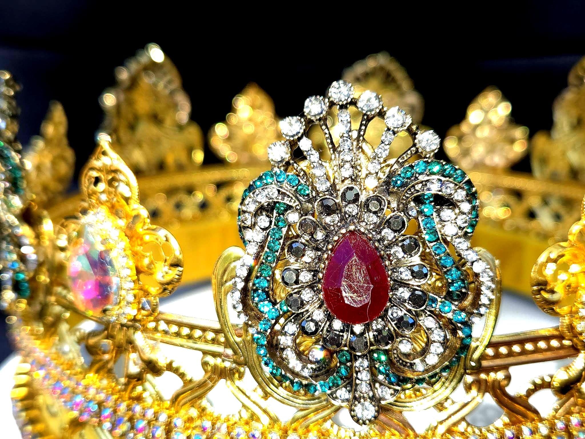 Gold Tone Crown, Mystical Jewelled Medallions, AB Glass Rhinestones, Velvet Lined