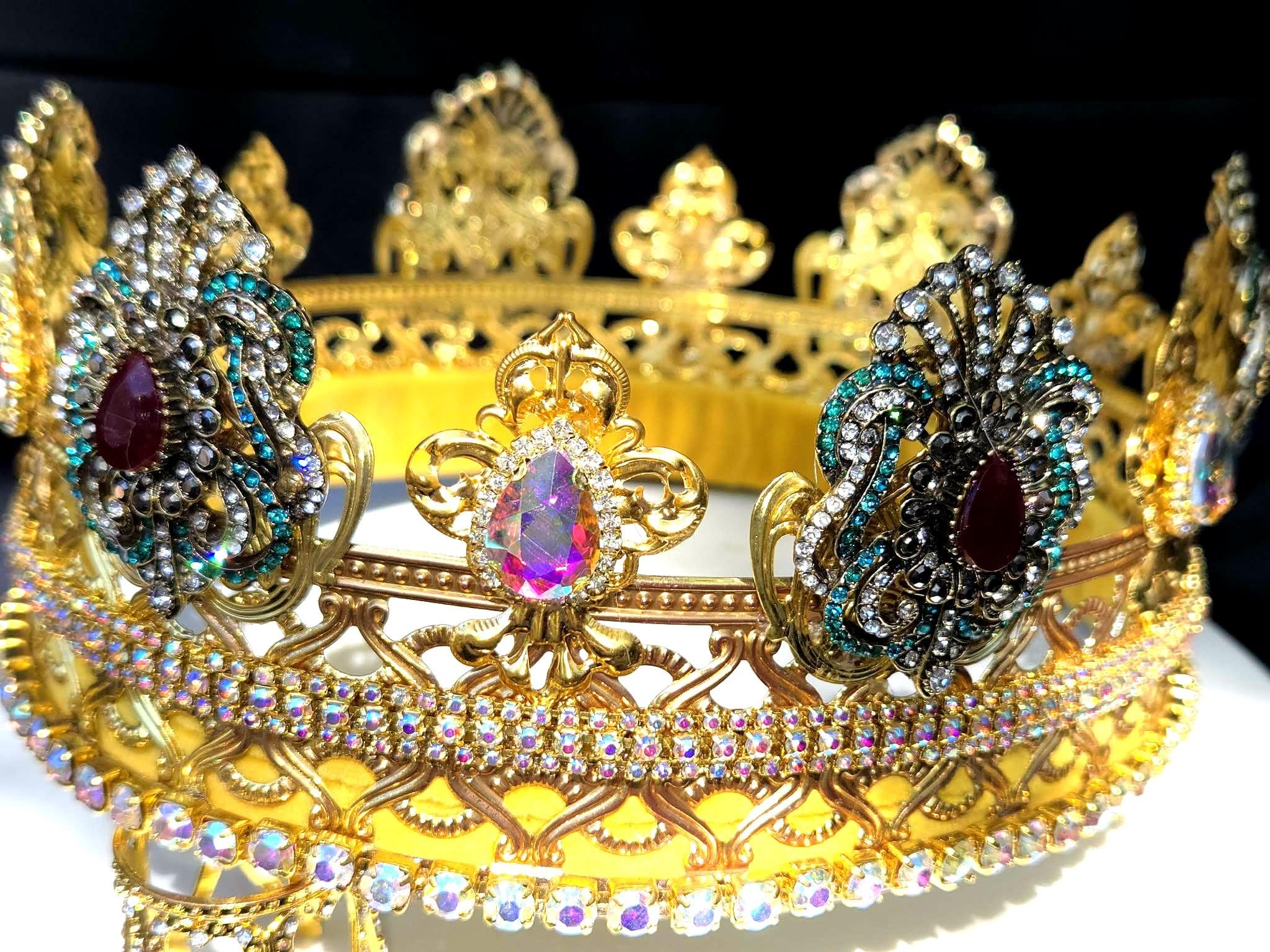 Gold Tone Crown, Mystical Jewelled Medallions, AB Glass Rhinestones, Velvet Lined, detail 2