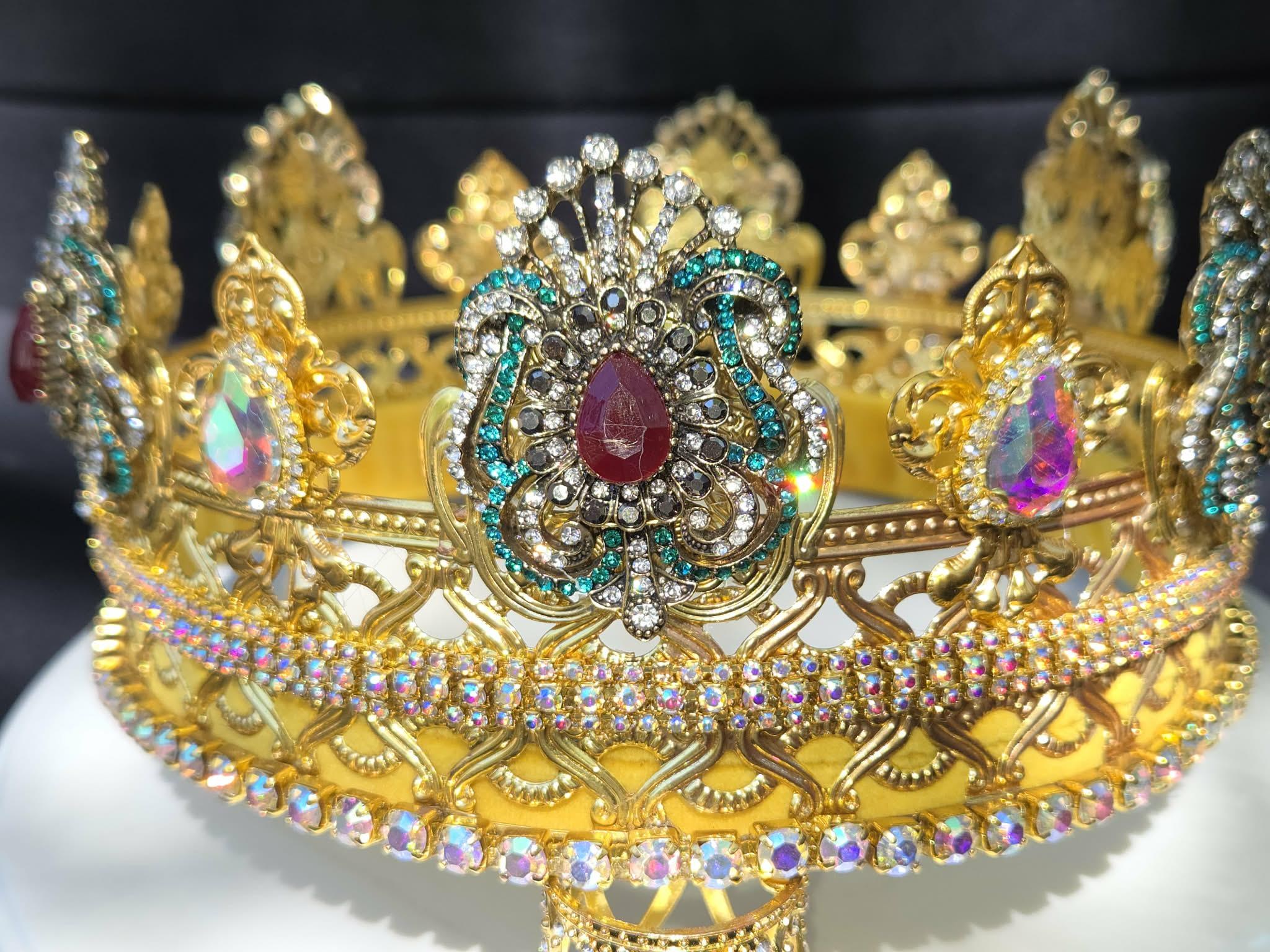 Gold Tone Crown, Mystical Jewelled Medallions, AB Glass Rhinestones, Velvet Lined, detail 3