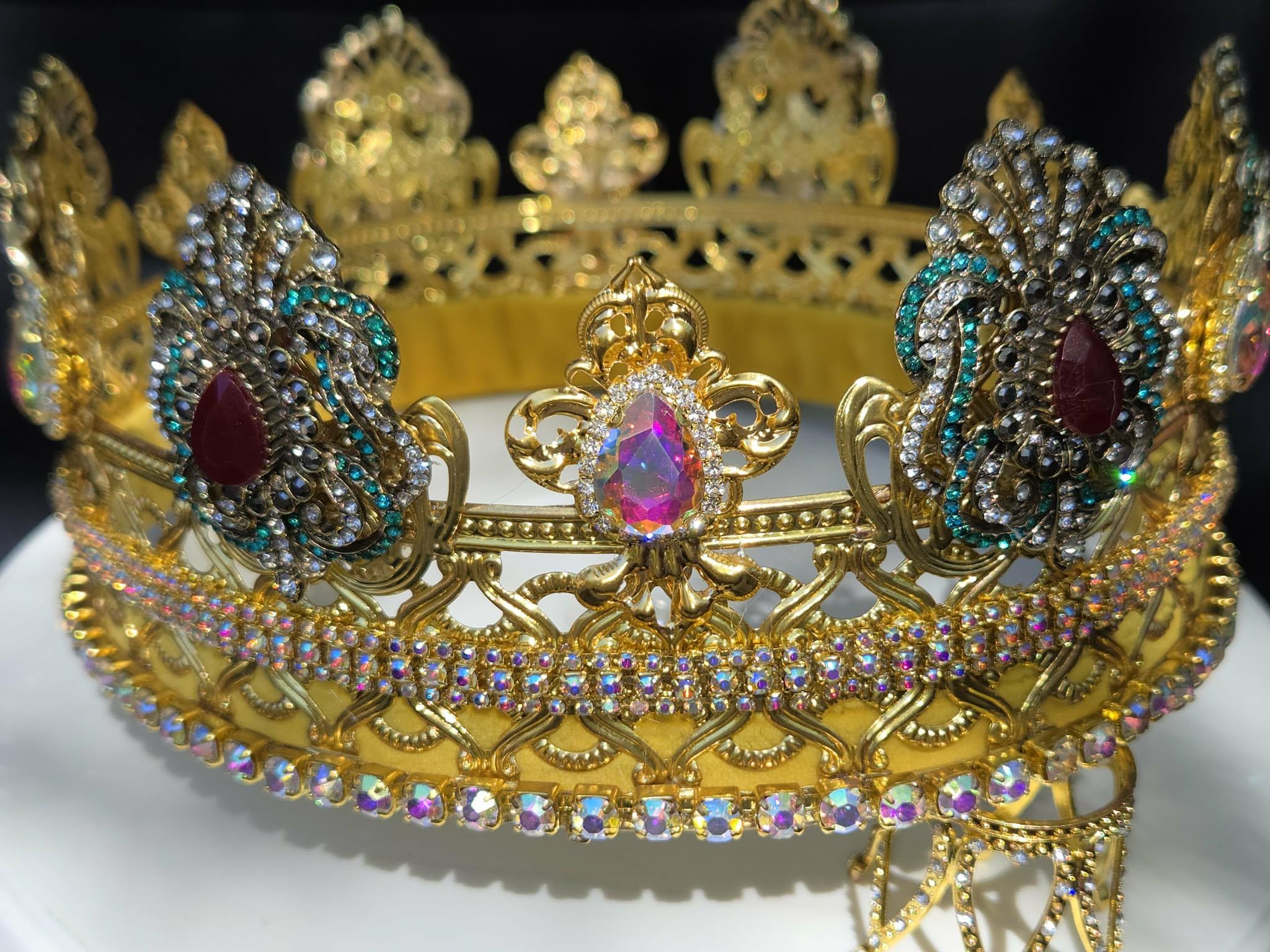 Gold Tone Crown, Mystical Jewelled Medallions, AB Glass Rhinestones, Velvet Lined, detail 4