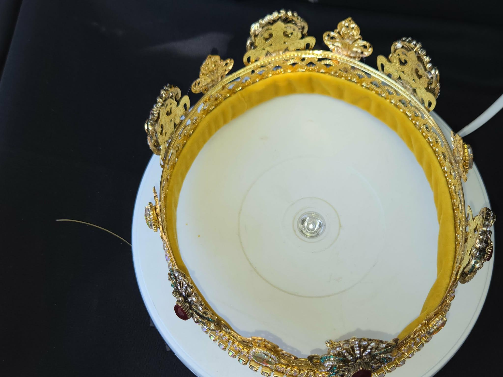 Gold Tone Crown, Mystical Jewelled Medallions, AB Glass Rhinestones, Velvet Lined, detail 5
