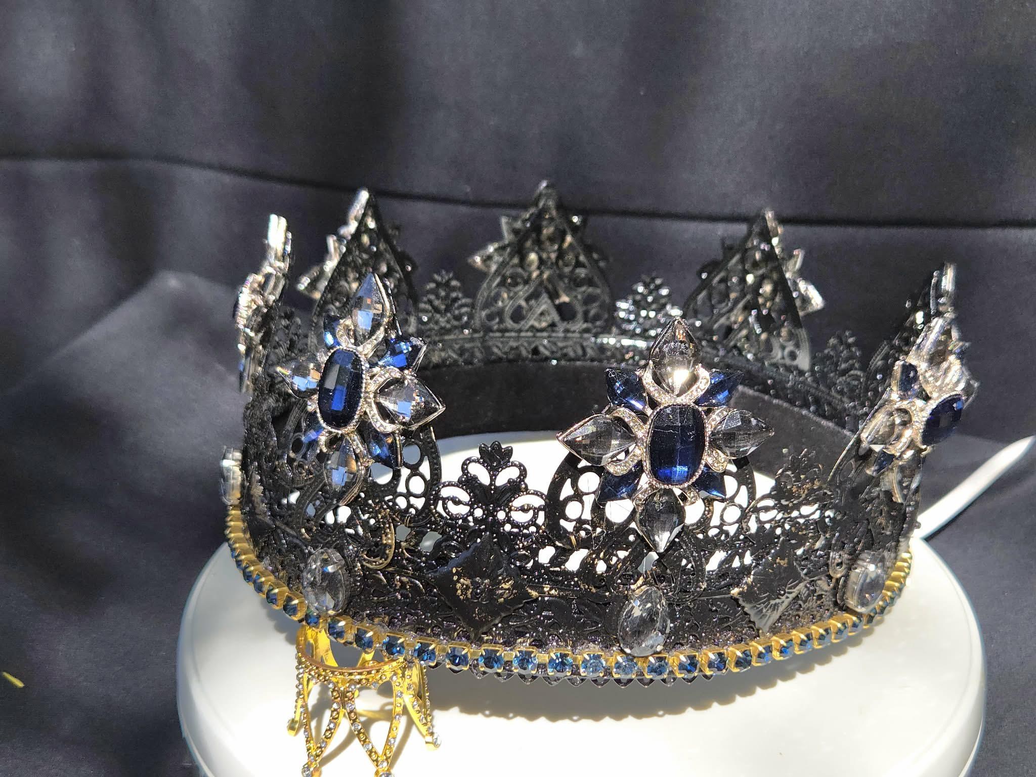 Darkstar Crown. Black Lacquered Kings Crown w/Brushed gold accents. Blue/Smoke Rhinestones., detail 2