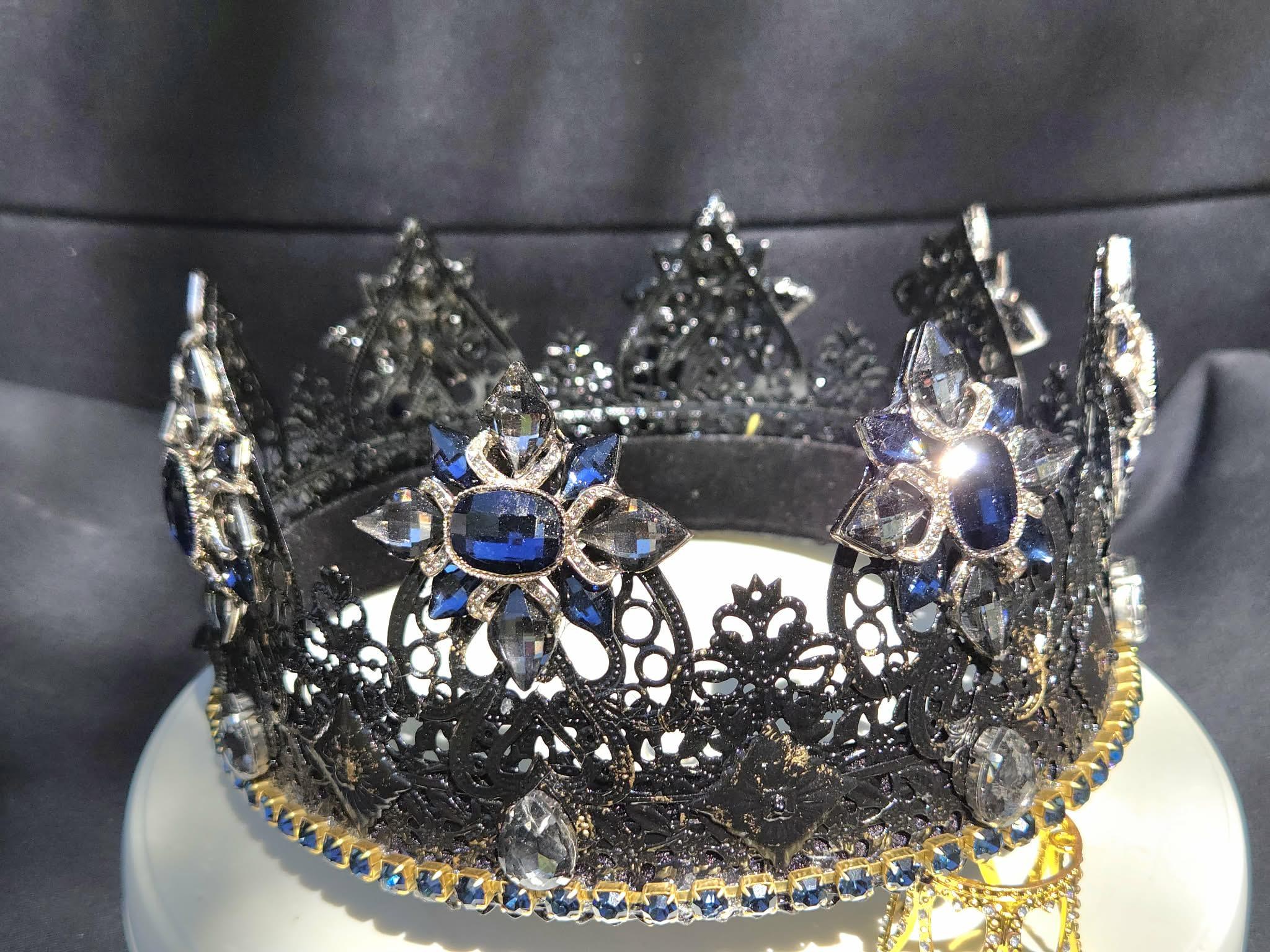 Darkstar Crown. Black Lacquered Kings Crown w/Brushed gold accents. Blue/Smoke Rhinestones., detail 5