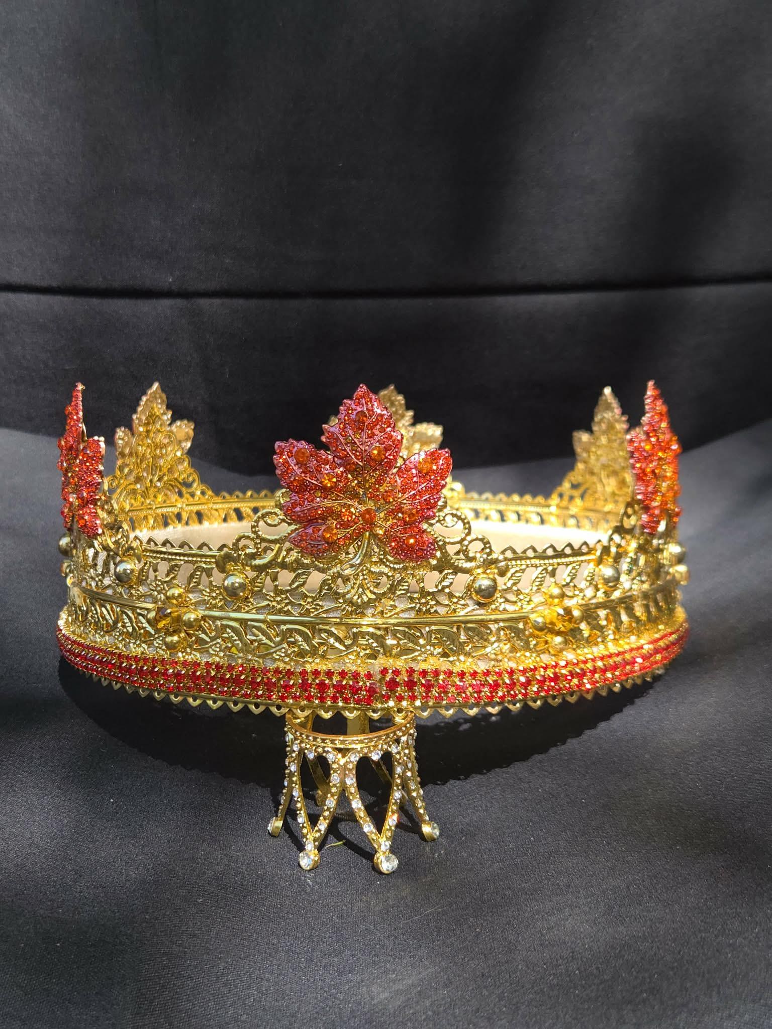 Gold Elvin Crown. Rich Fall Colors of red and orange Rhinestones, detail 2