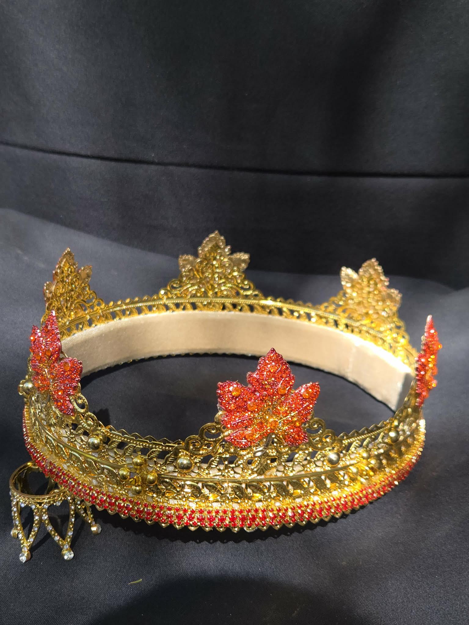 Gold Elvin Crown. Rich Fall Colors of red and orange Rhinestones, detail 3