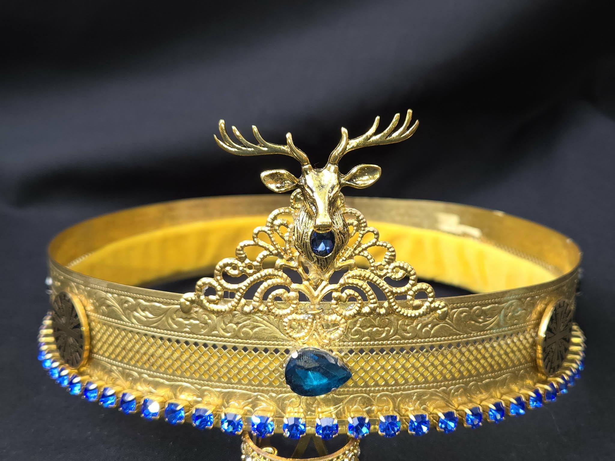 Golden Hind Ducal Crown. Sapphire Blue Glass Rhinestones. Golden Cross Medallions