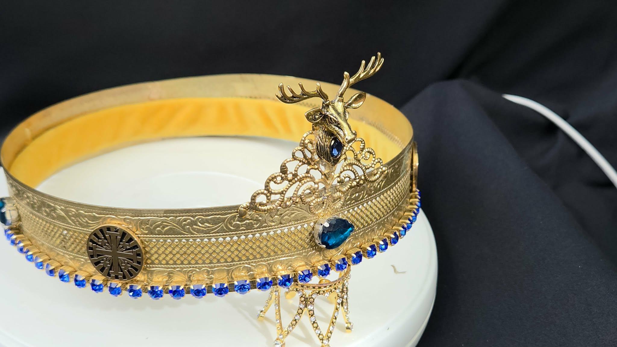 Golden Hind Ducal Crown. Sapphire Blue Glass Rhinestones. Golden Cross Medallions, detail 3